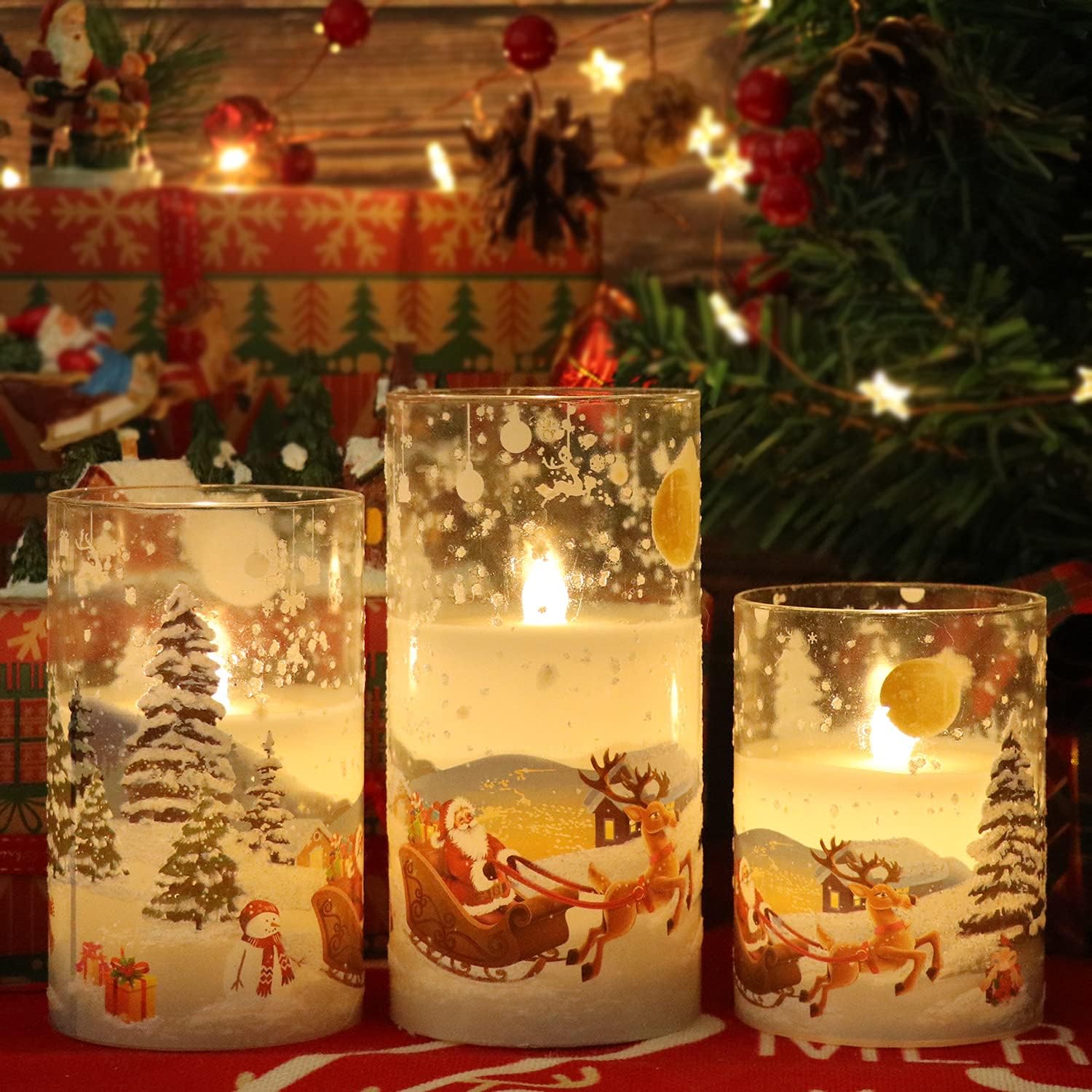 Santa Claus Glass Flameless Candles Battery Operated Remote and Timer Real Wax LED Flickering Pillar Candles White Cold