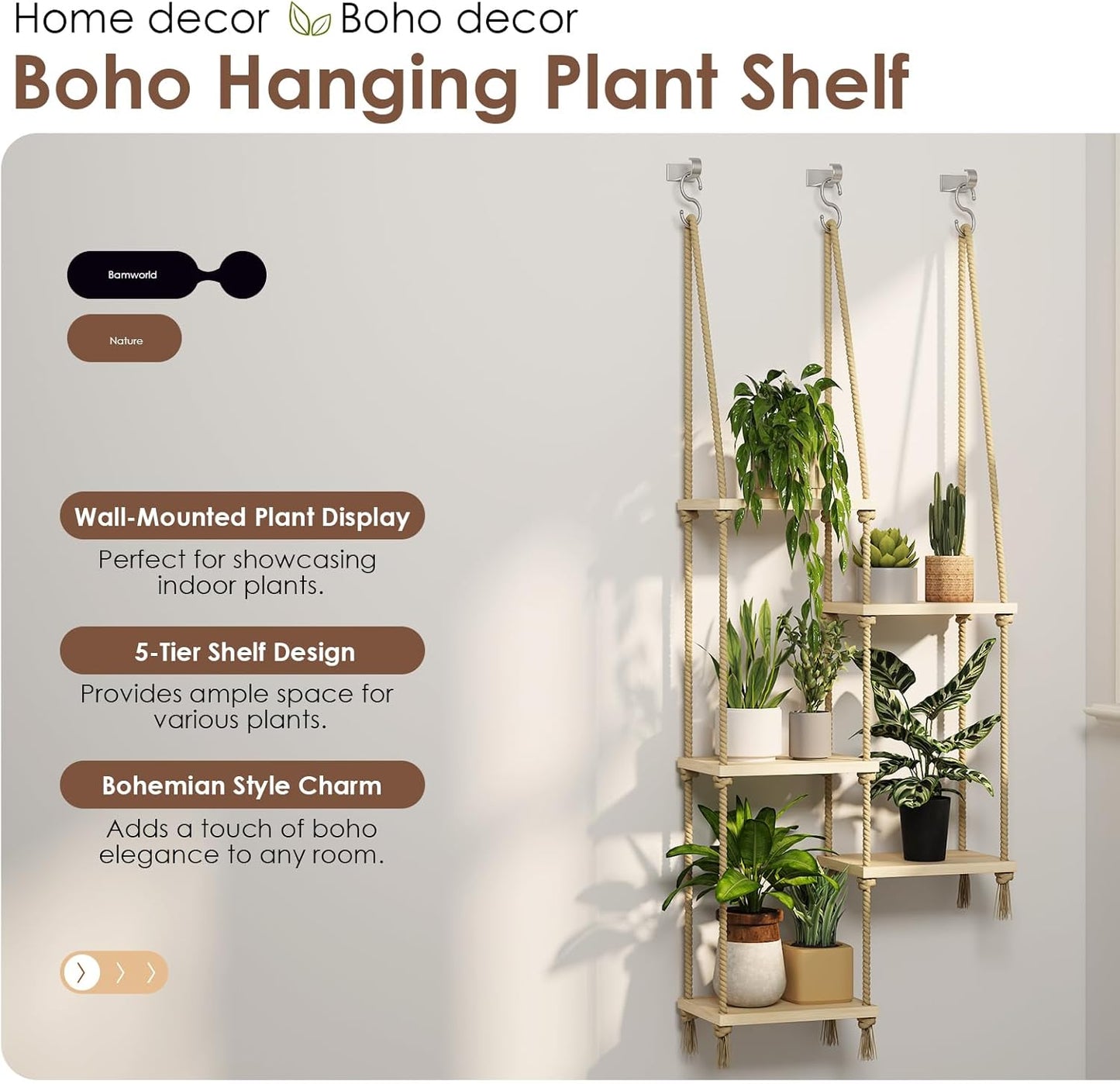 Hanging Shelves Plant Hanger Indoor Window Plant Shelves Wood Plant Wall Shelf Window Sill / 5tier