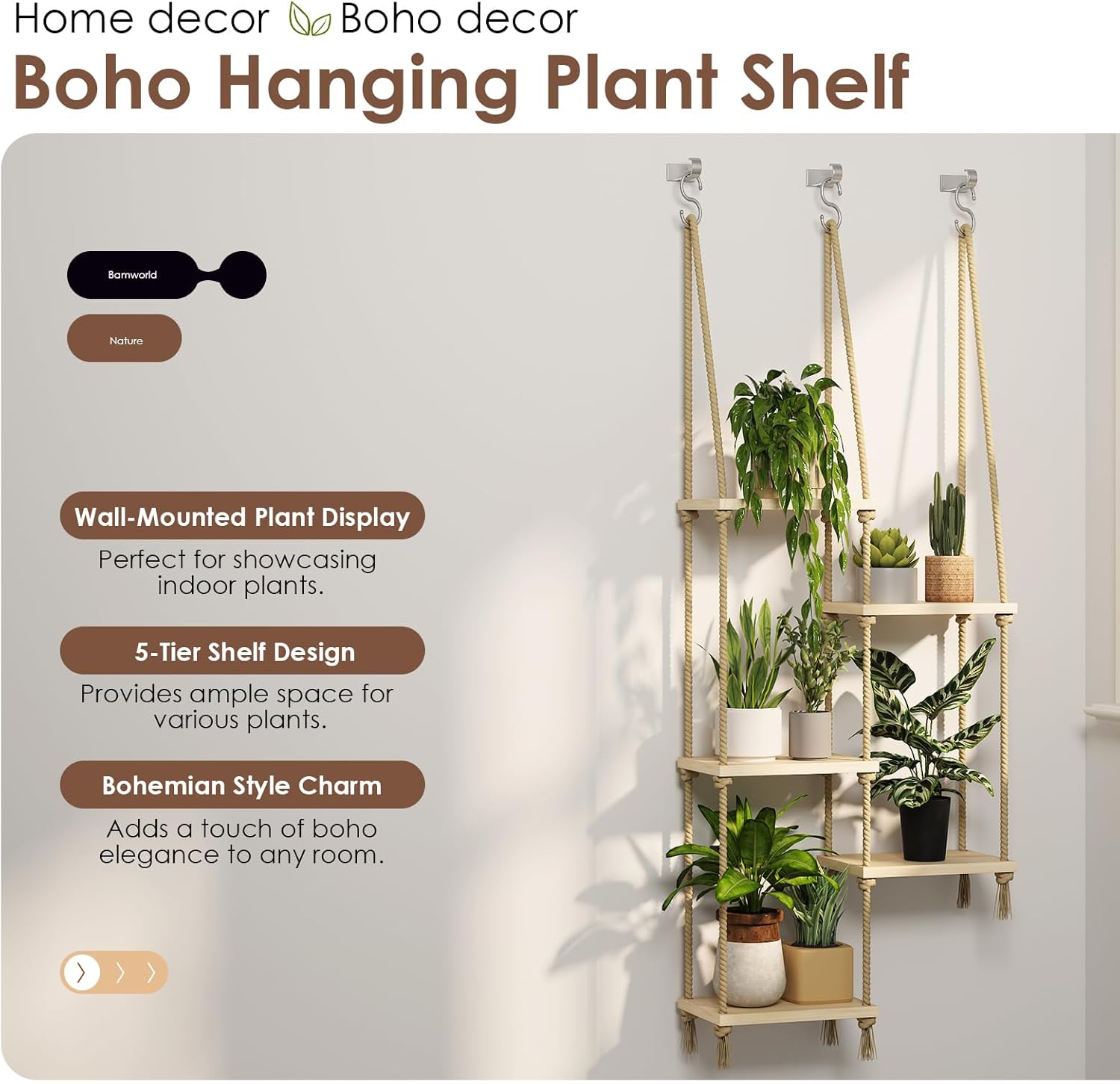 Hanging Shelves Plant Hanger Indoor Window Plant Shelves Wood Plant Wall Shelf Window Sill / 5tier