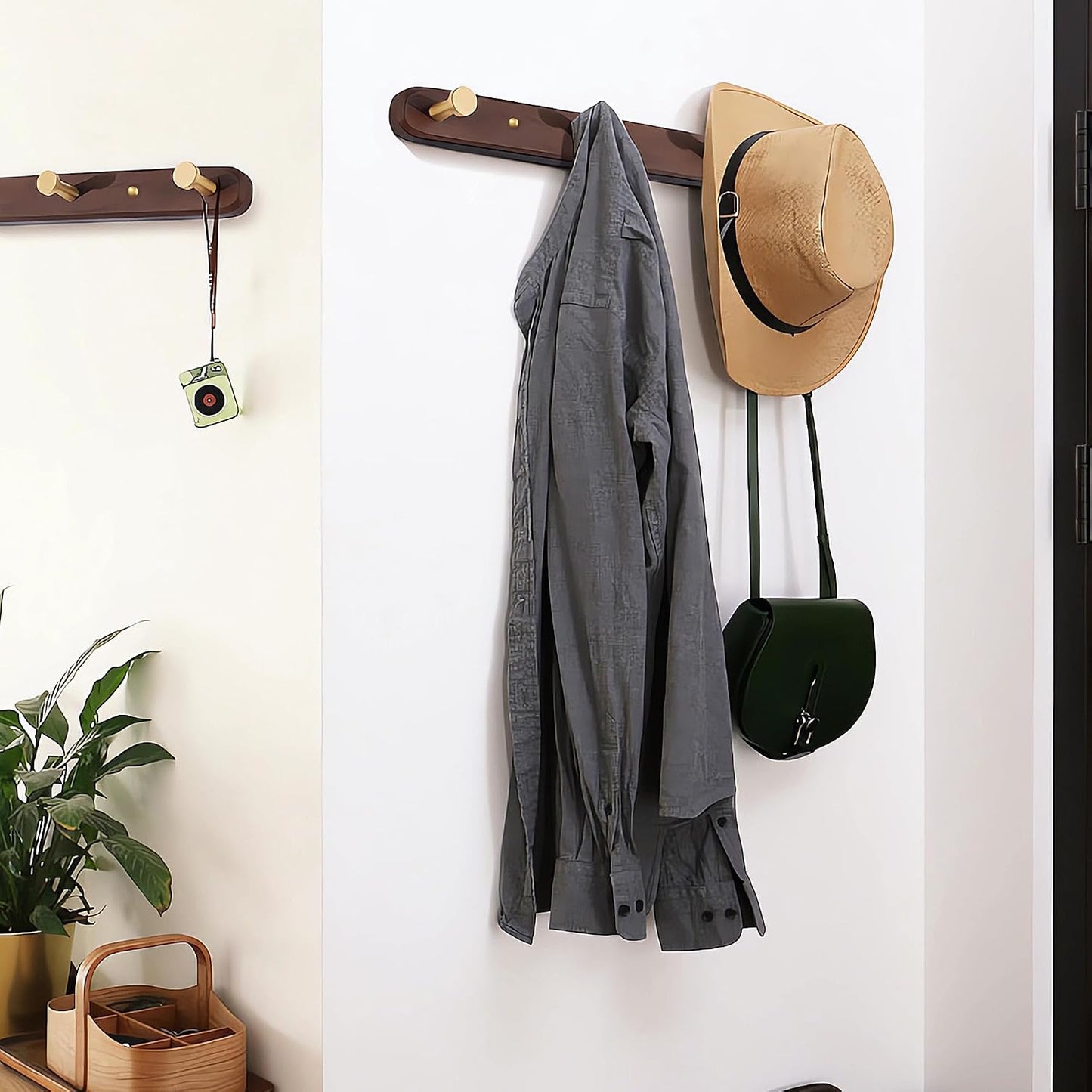 Wall Mounted Coat Rack, Metal Wood with 4 Hooks | Entryway Hanging, Walnut Gold Matt, For Coat, Scarf, Bag, Towel, Key