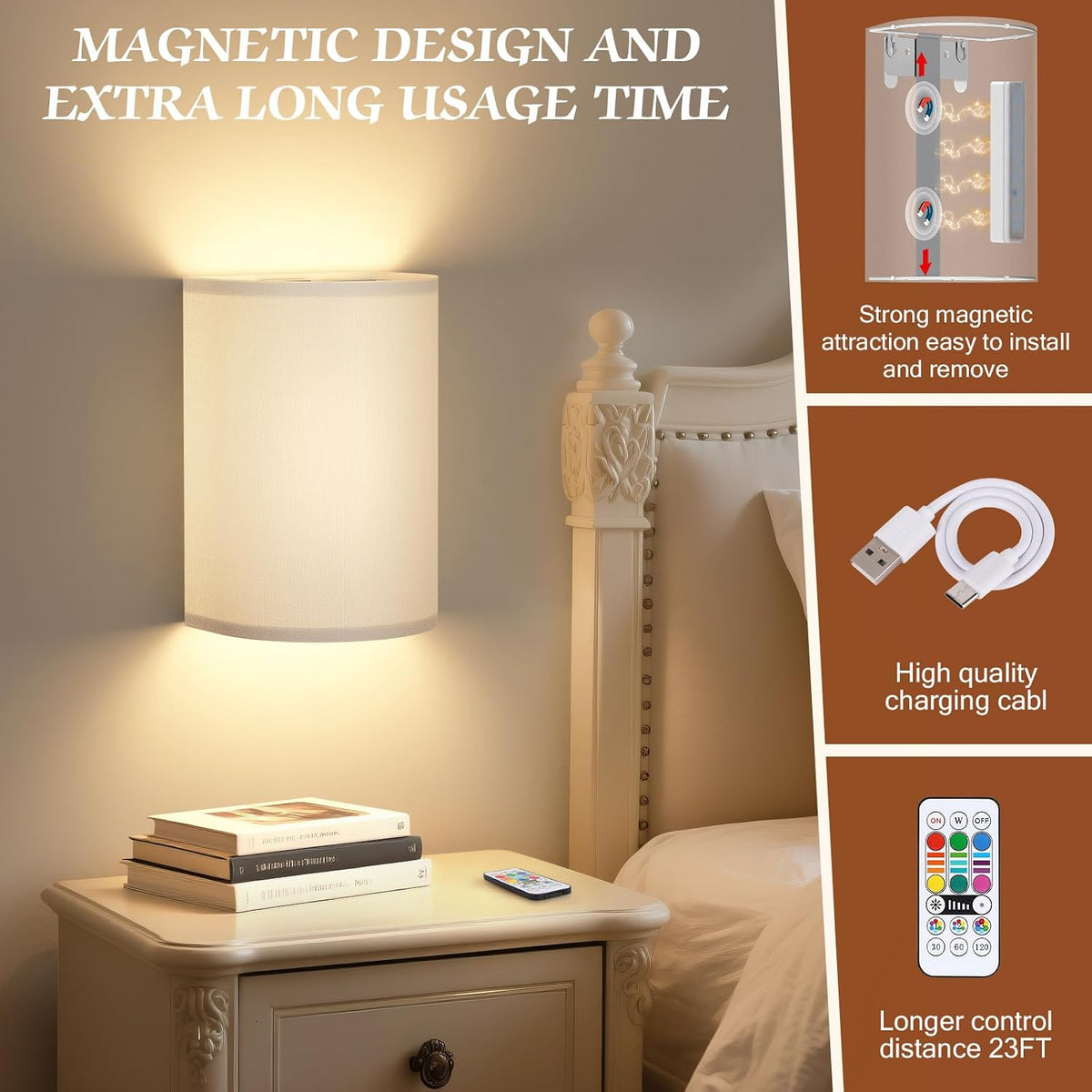 OCATO Wall Sconces Battery Operated Wireless Wall Sconces Set of Two | Battery Operated Magnetic Lamp Rechargeable