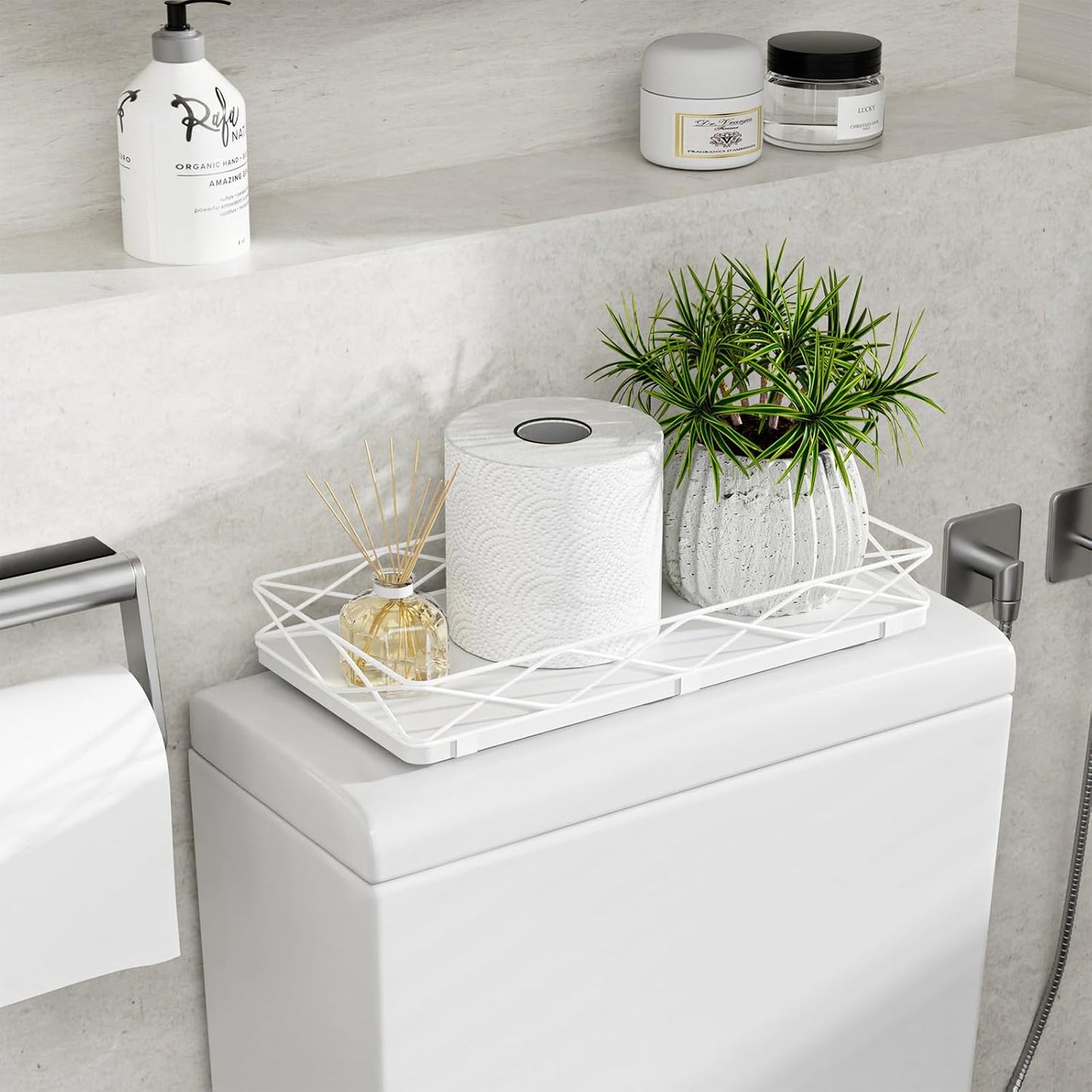 Wood and Metal Toilet Tray Vanity Organizer Bathroom Tray / White