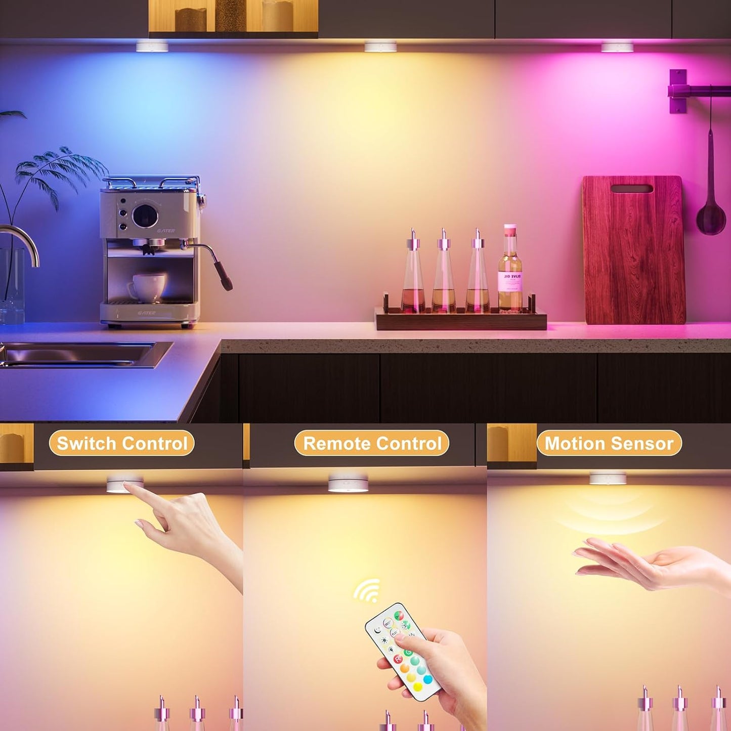 HOMEBEST RGB Puck Lights with Remote & Motion Sensor – 1500mAh Rechargeable Under Cabinet Lighting for Kitchen, Closet