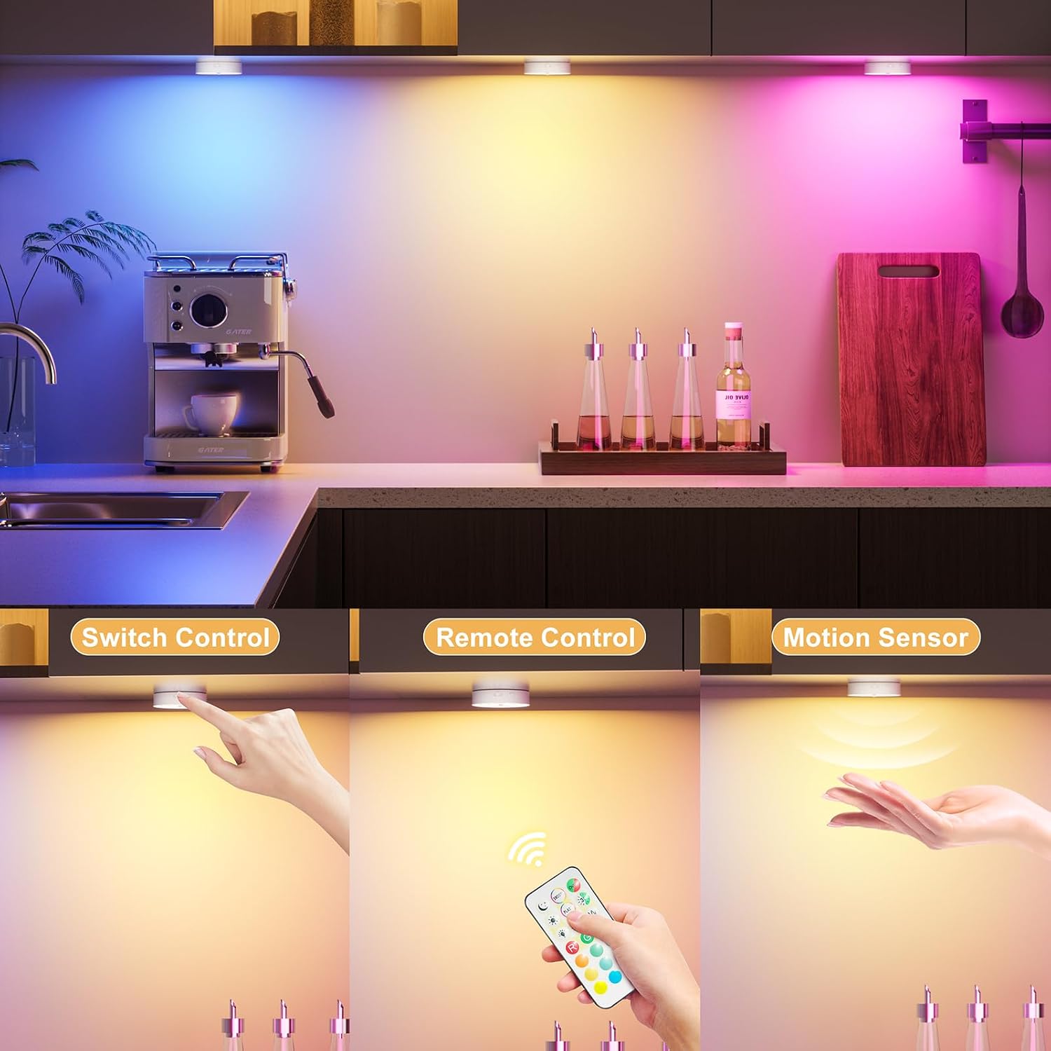 HOMEBEST RGB Puck Lights with Remote & Motion Sensor – 1500mAh Rechargeable Under Cabinet Lighting for Kitchen, Closet