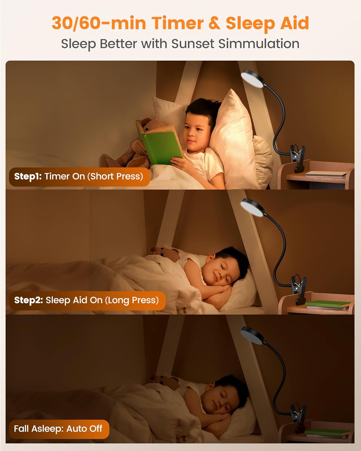 Glocusent 72 LED Clip on Lamp, Reading Lamp with Amber Ring& Amber Mode | 3 Colors & 5 Dimmable Desk Lamp, 2.75" Clamp