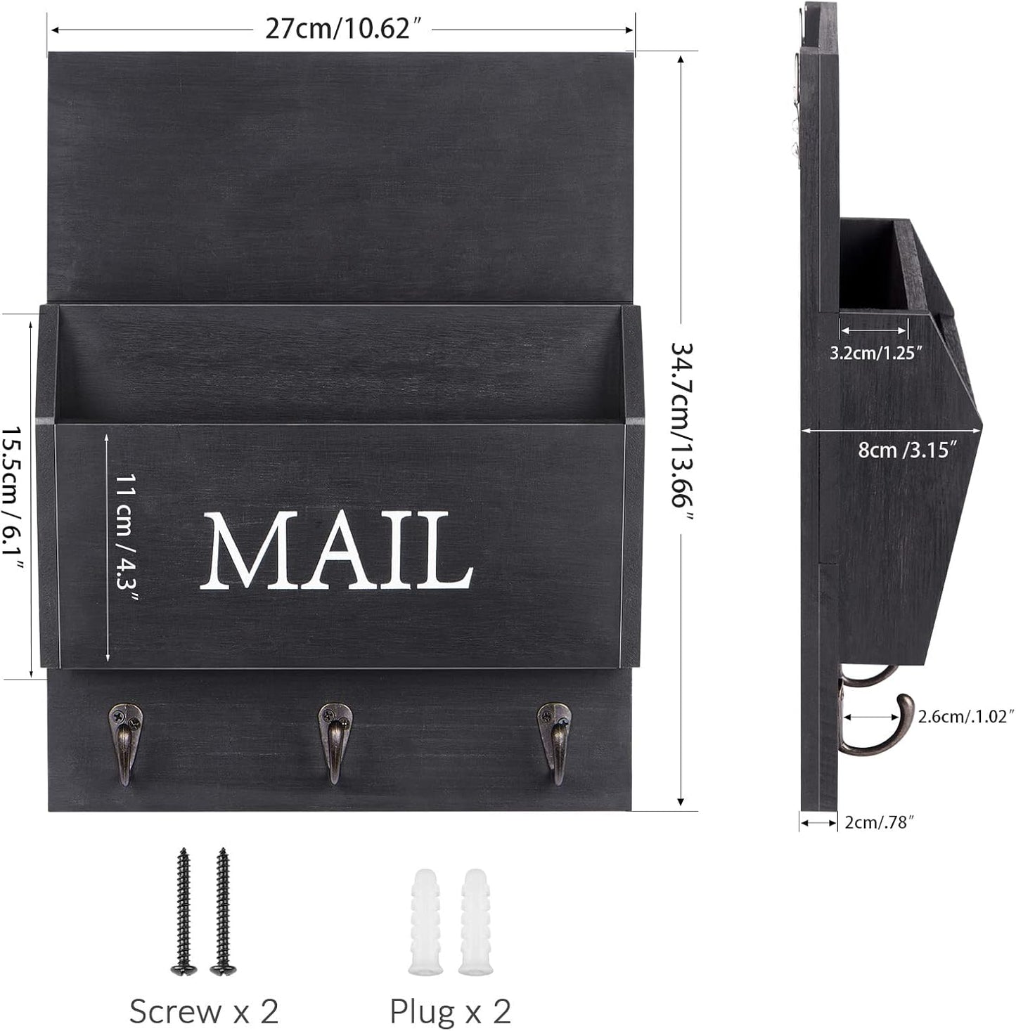 Decorative Wooden Key and Mail Holder / Black / Wall Mount