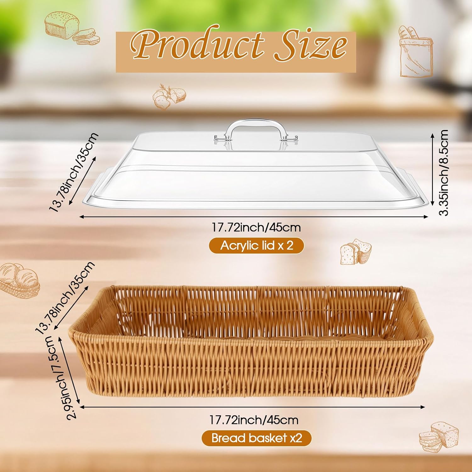 Wicker Bread Basket for Serving / 17.72 x 13.78 / Set of 2