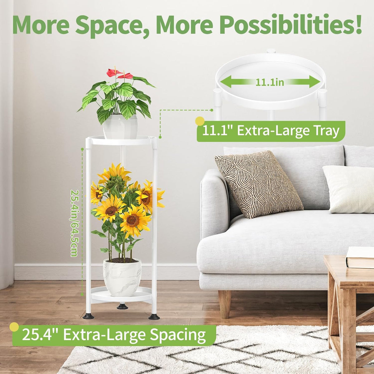 KMOTASUO 2 Tier Metal Plant Stand Tall for Indoor Outdoor Corner, White | Heavy Duty Flower Holder Rack, Modern