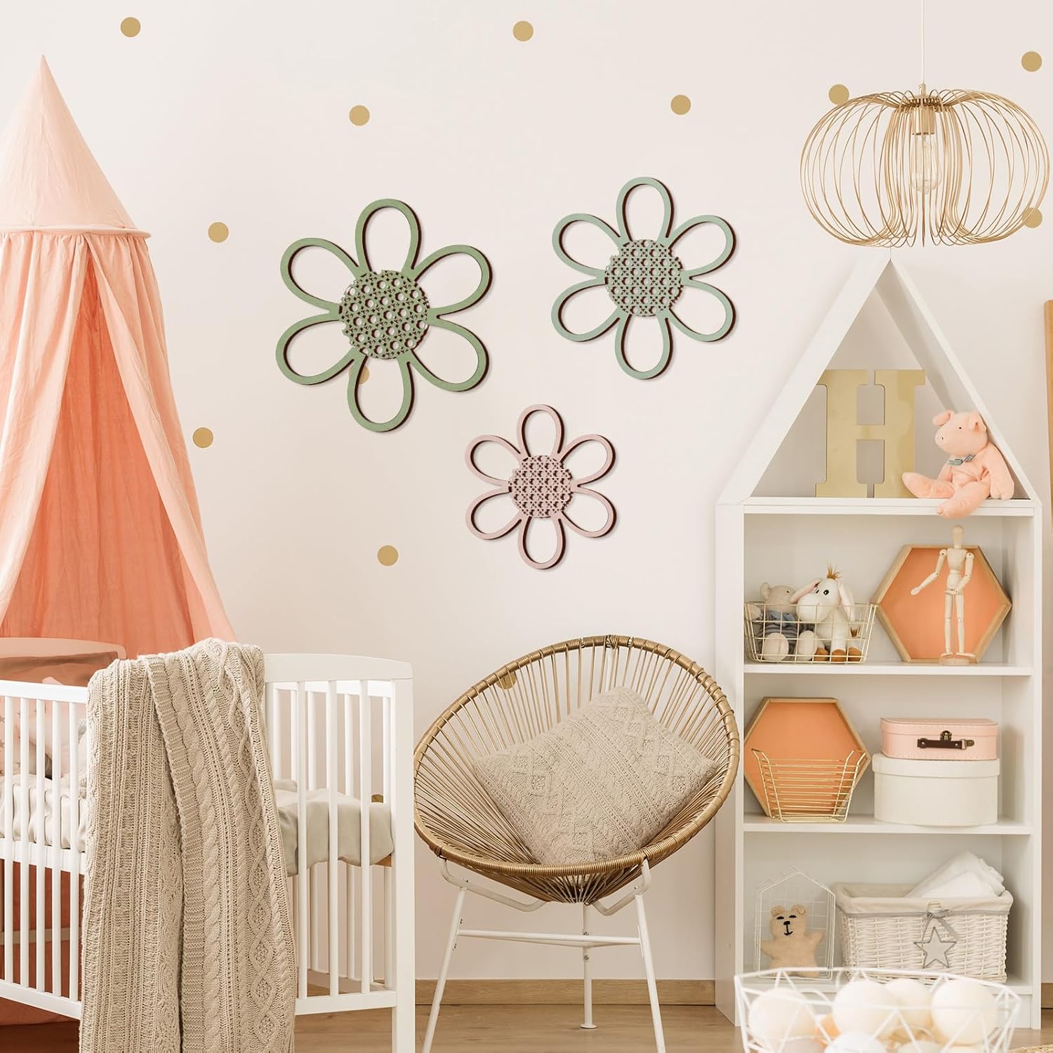 Wood & Rattan Daisy Flower Wall Hanging Art / Bright Color / Set of 3