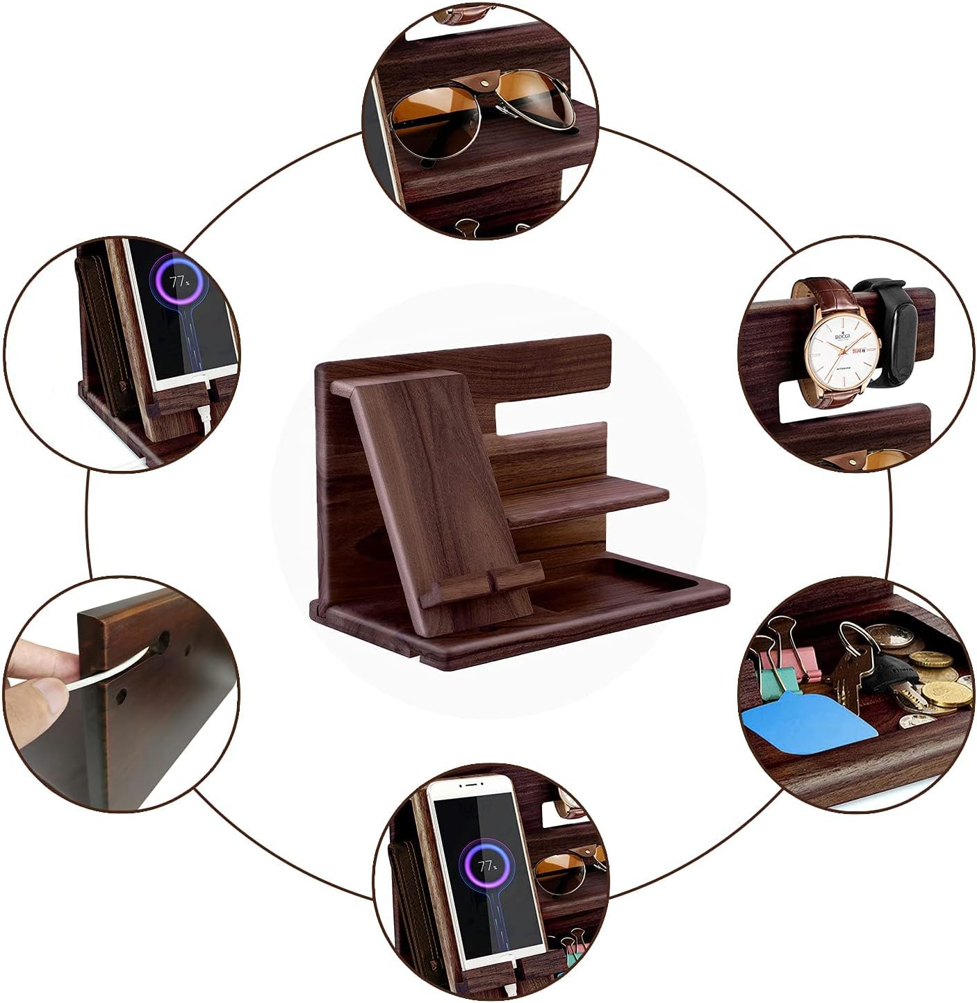 Gifts for Men Bedside Organiser Wood Phone Docking Station Dad Birthday Gifts for Him Nightstand Key Wallet Watch Stand