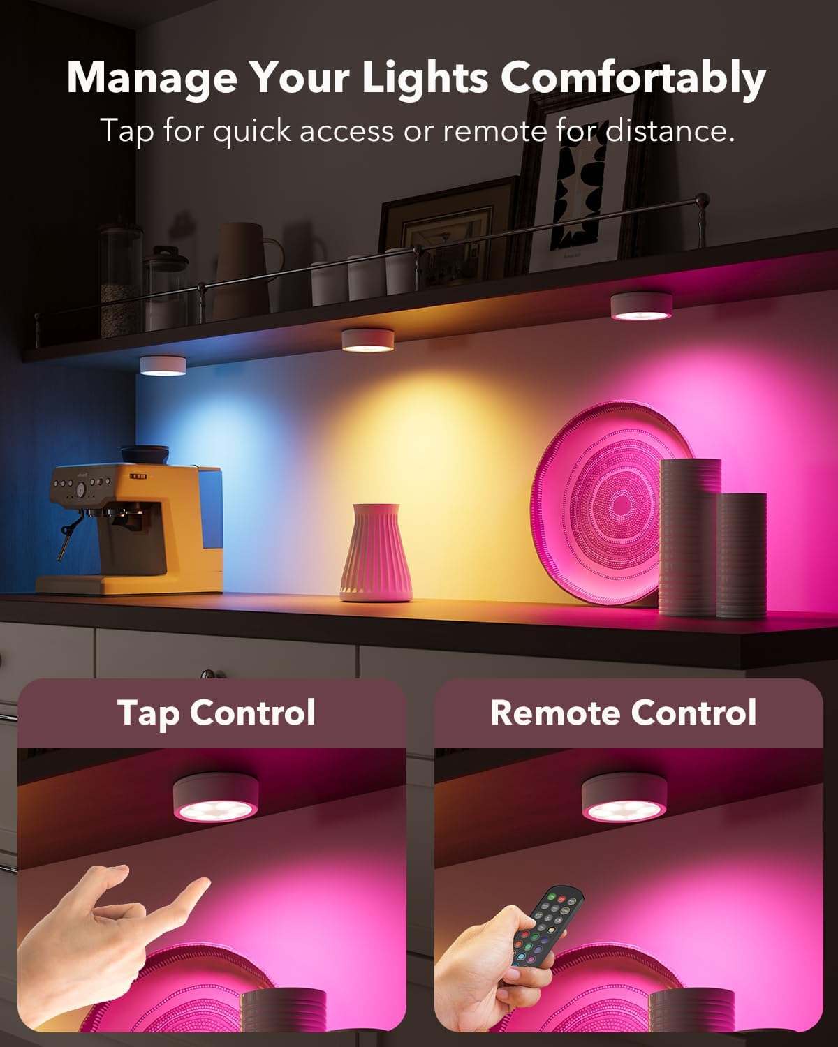 2400mAh USB Rechargeable Puck Lights, Motion Sensor Cabinet Lighting | RGB Color Changing, Magnetic, Timer, Wireless