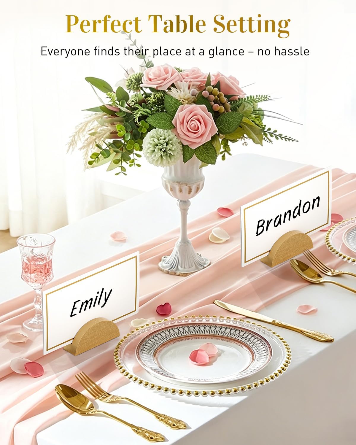 Uniclife 48 Pcs Place Card Holders for Wedding Party Tables | gold wood place card holders include 48 name cards and