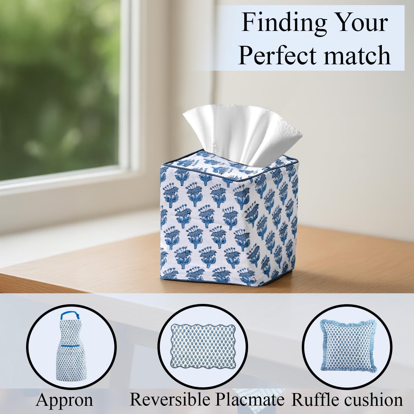 CPC Hand Block Printed Cotton Tissue Box Cover " Square Soft Reusable / Apatite Blue / 5 x 5 x 5.5