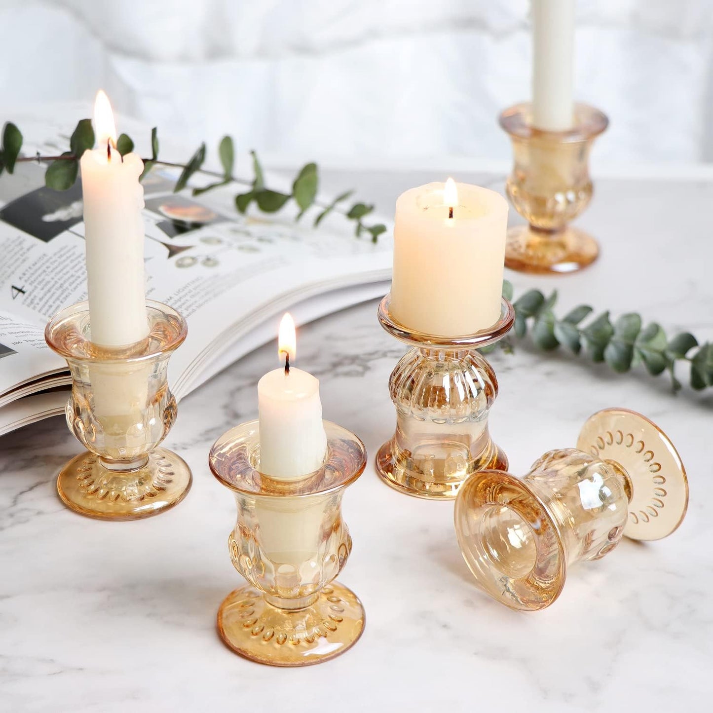 Letine Gold Candlestick Holders Set of 12-2.5" H Taper Candle Holders Bulk -Gold Glass Candle Holder for Valentine's