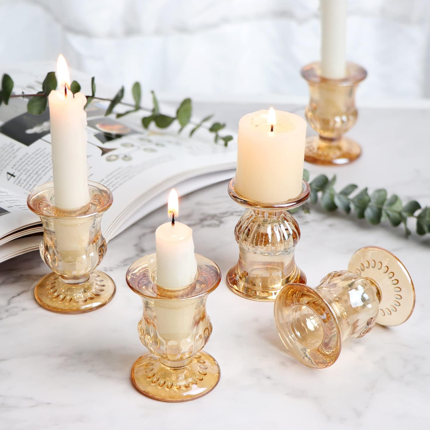 Letine Gold Candlestick Holders Set of 12-2.5" H Taper Candle Holders Bulk -Gold Glass Candle Holder for Valentine's