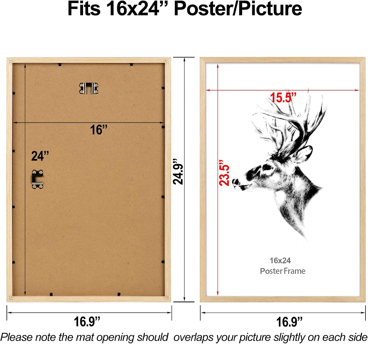 Yaetm 16x24 Picture Frame Set of 2, Natural Solid Oak Wood Poster Frame 16x24 for Wall Gallery, Horizontal and Vertical