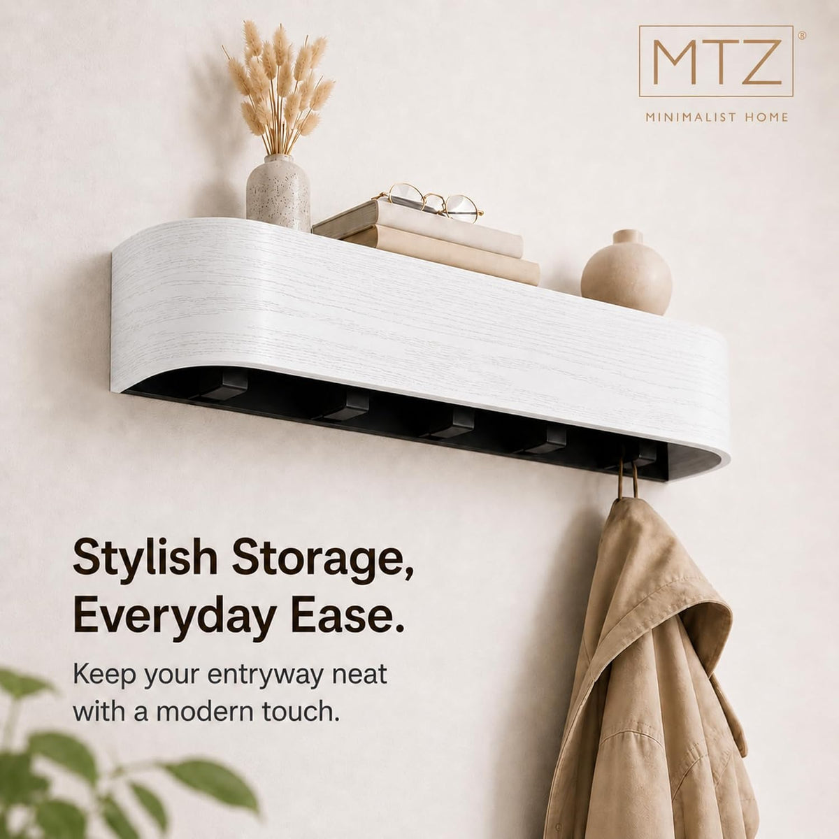 MTZ Solid Wood Wall Mounted Coat Rack with Shelf & 5 Hidden Hooks (White) | Minimalist entryway wall hook rack for