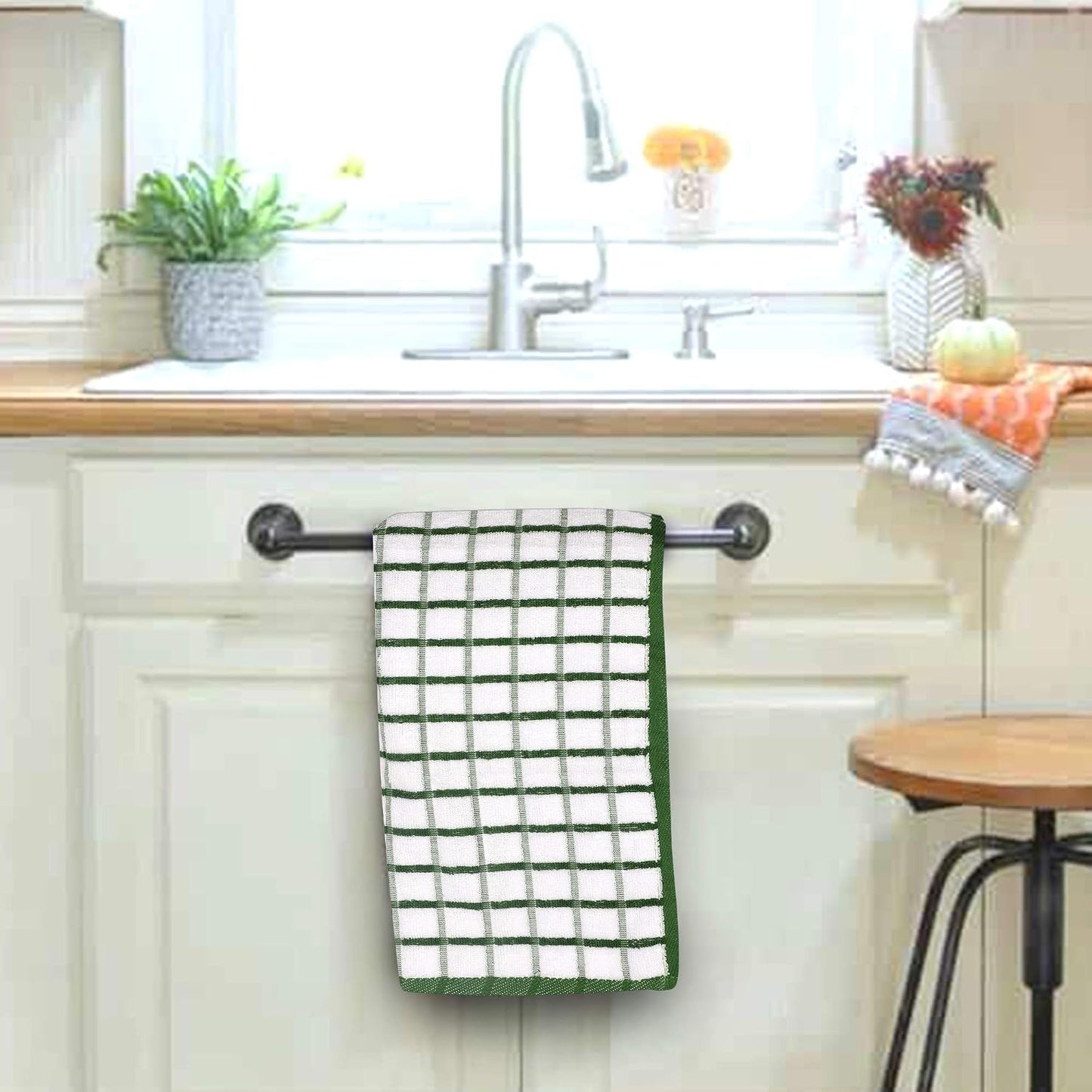 Urban Villa Kitchen Towels Cotton Dish Towels 20”x30” (Set of 3) Green Wht