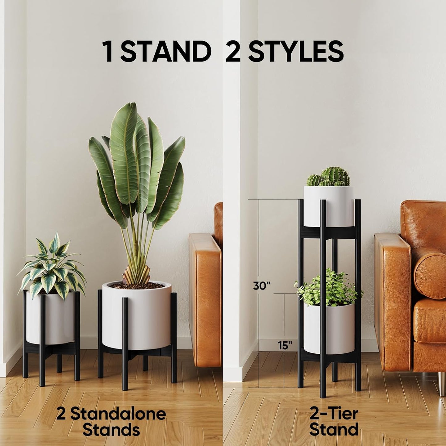 MUDEELA 2 Pack Indoor Plant Stands, 2 Tier Tall Plant Stand 30 inches, Mid Century Bamboo Plant Stand, Adjustable Width