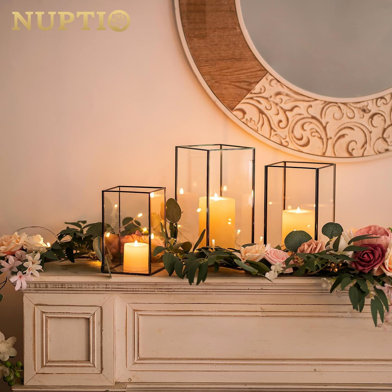 Nuptio Glass Candle Holders Hurricane Holder for Pillar Candles 6 Pcs Black Metal Candle Holders Large Rectangular