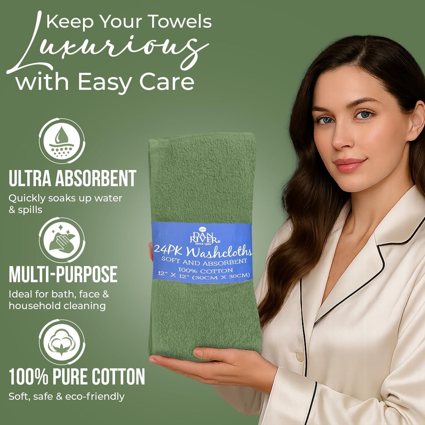 DAN RIVER 24 Pack Cotton Wash Cloths Set for Showering [12x12] Sage Green | Lighter Weight, Quick to Dry, Super Soft &