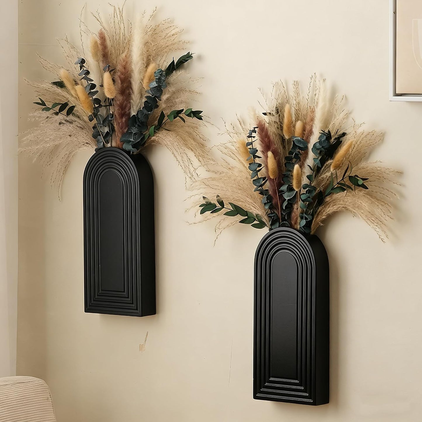 Wooden Wall Vase Set / Black with Dry Flowers / Set of 2