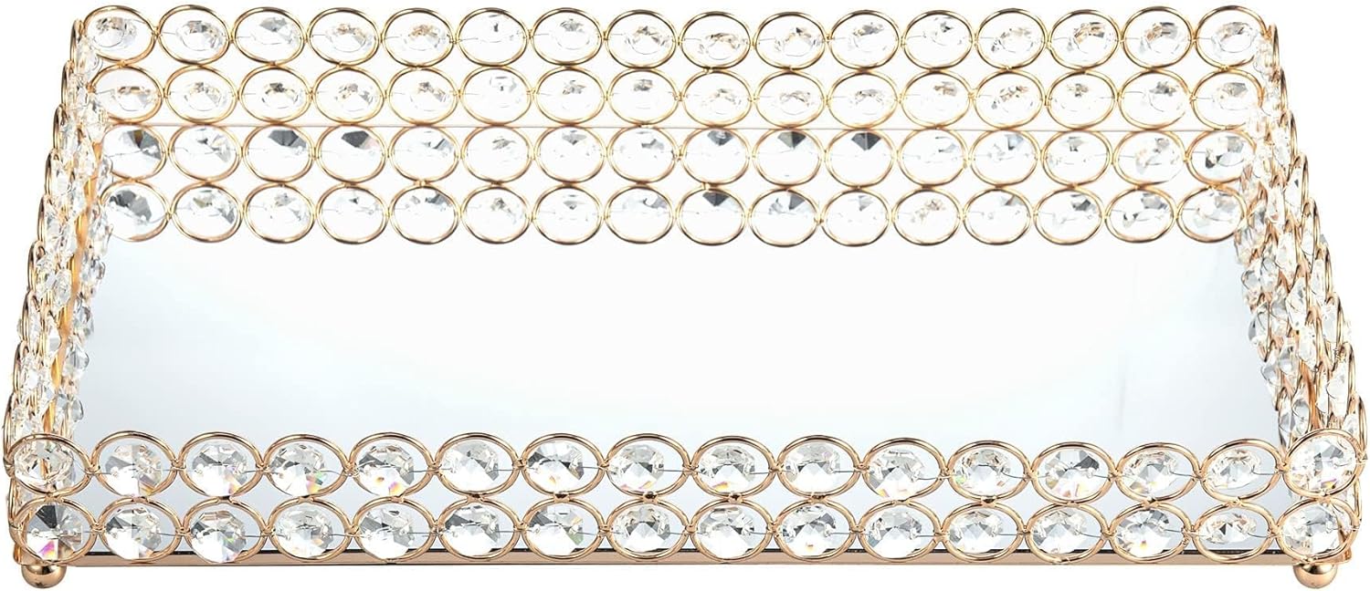 Crystal Perfume Fragrance Tray Cosmetic Makeup Vanity Tray Jewelry Trinket Ring Earring / Gold