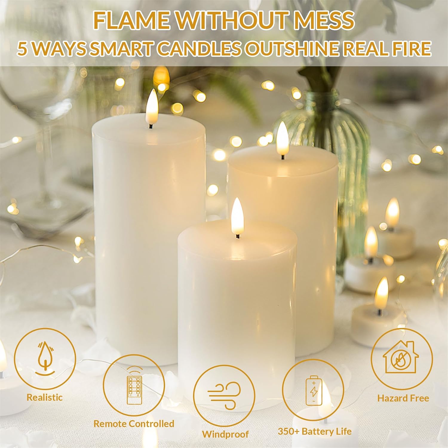 White Flameless Pillar Candles with Remote Set of 3 | Flickering LED Candles, 2 AA Battery Power, Flat Top Real Wax