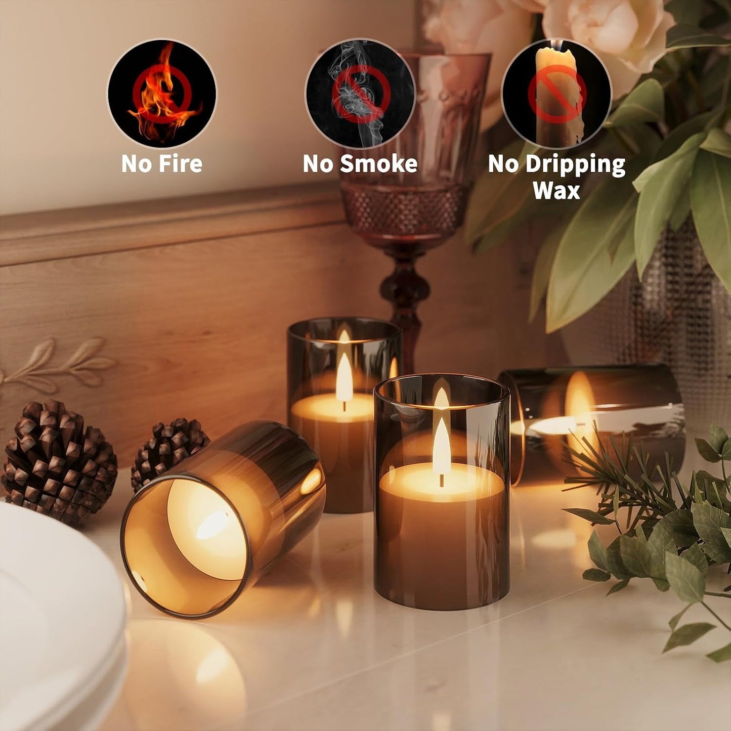 12Pack Flameless LED Candles with Timer, Battery Operated, Black, 2"x3" | Small Pillar & Votive Candle with Realistic