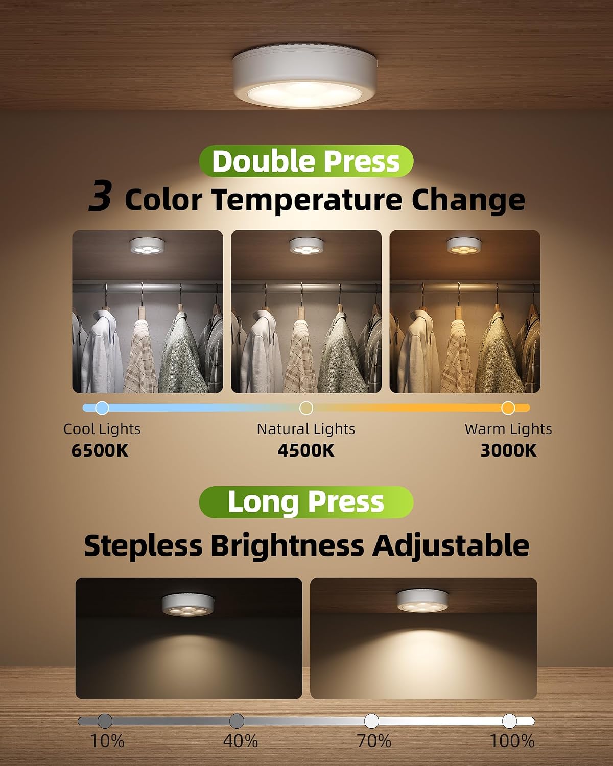 EZVALO LED Puck Lights, Rechargeable Stick On Tap Lights, Wireless Closet Light, 3 Color Temps, Under Cabinet Lights