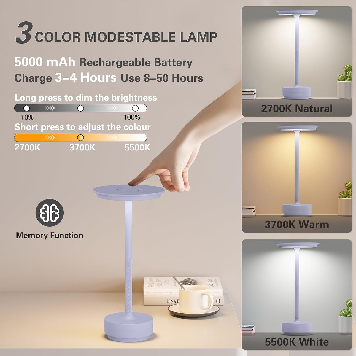 LED Rechargeable Cordless Table Lamp 2P Light Portable Lights | | Battery Operated 3 Levels Brightness IP54 Waterproof