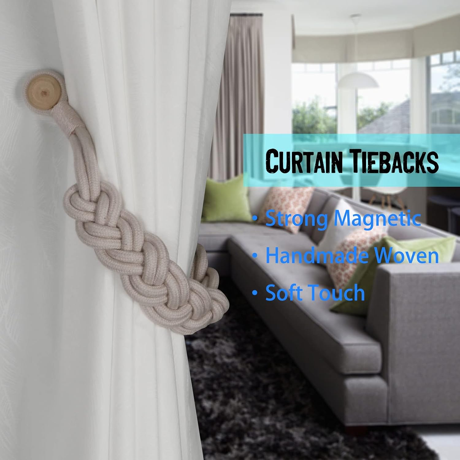 BEL AVENIR Curtain Tiebacks Magnetic 4 Pack Woven Drapery Holdback | Handmade Curtain Ties, No Drill, for Outdoor