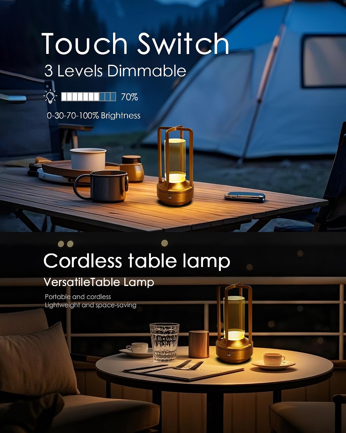 Set of 2 Cordless Table Lamps Rechargeable LED Desk Lamps Gold | Battery Operated Table Light with 3 Color Stepless