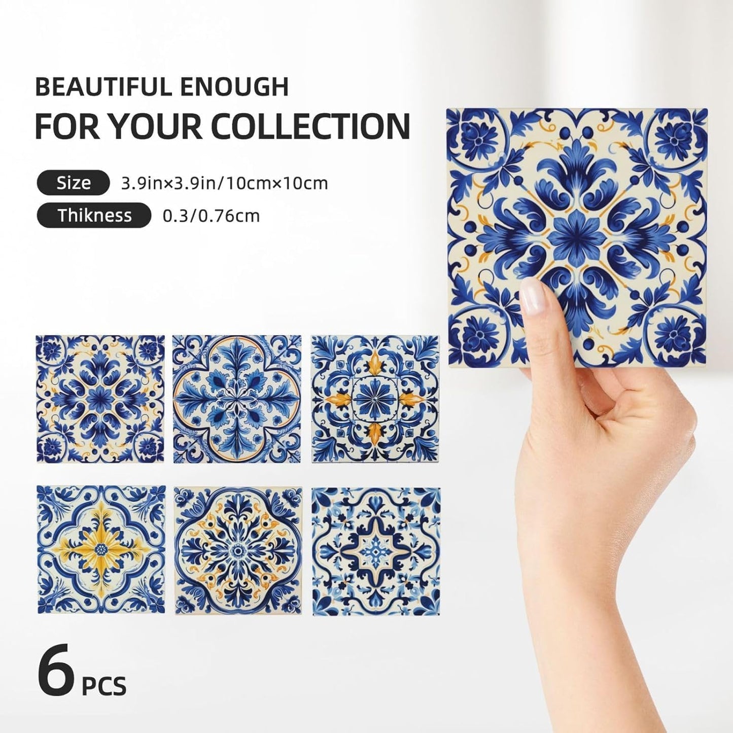 Cork Base and Golden Holder / Azulejo Tile-square-1 / Blue / Set of 6
