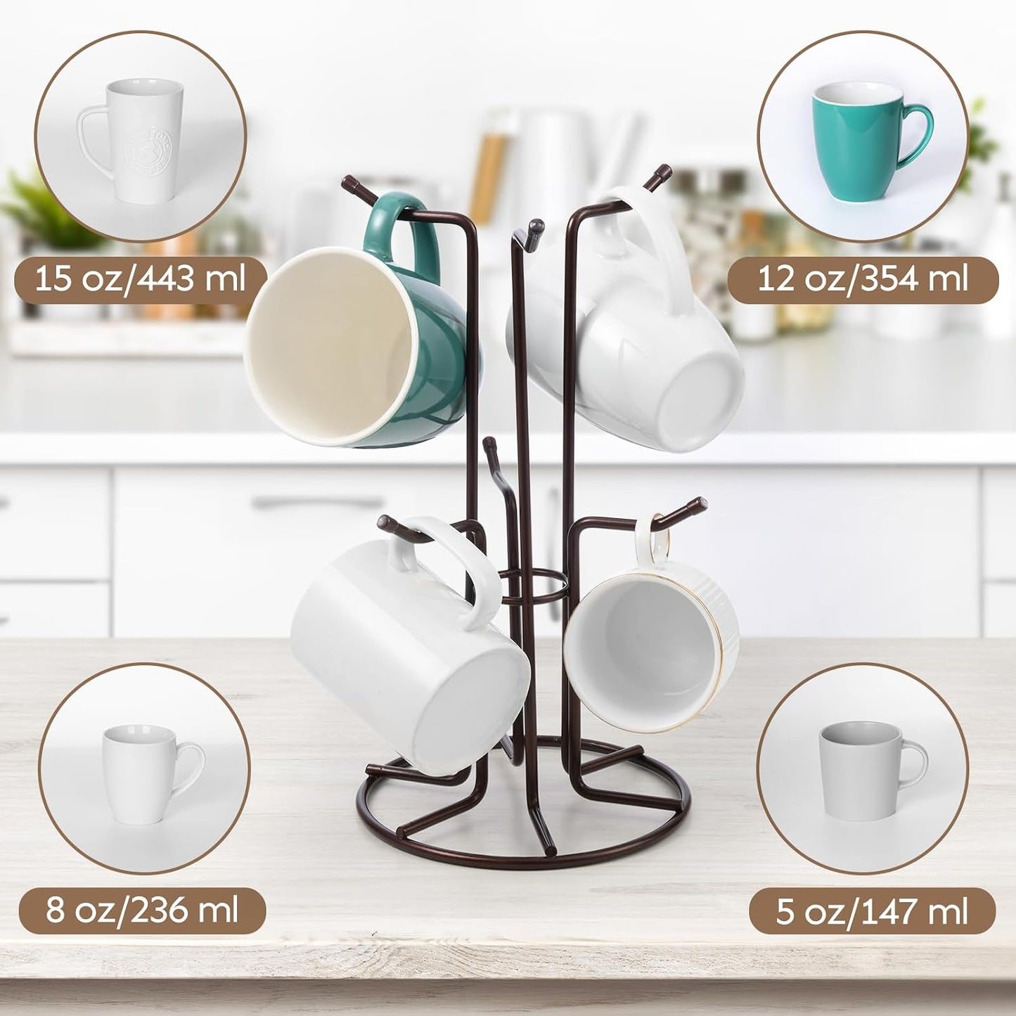 HULISEN Mug Tree for Large Cups, 6 Hook Countertop Coffee Mug Holder, Brown | Cup Rack for Counter, Stable Wide Base