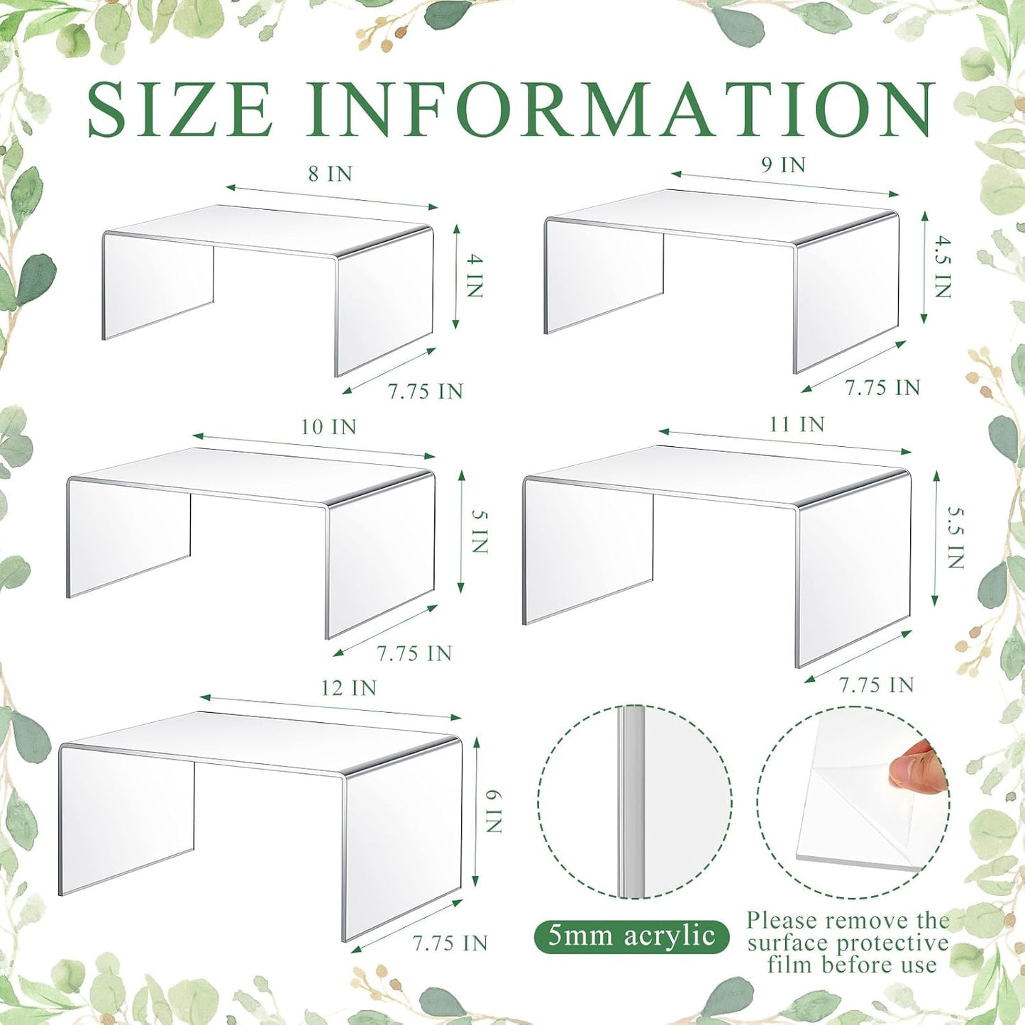 RattanView 5 Pcs Extra Large 12,11,10,9,8 Inch Acrylic Display Risers Clear Acrylic Shelf Riser Display Stands 5 mm