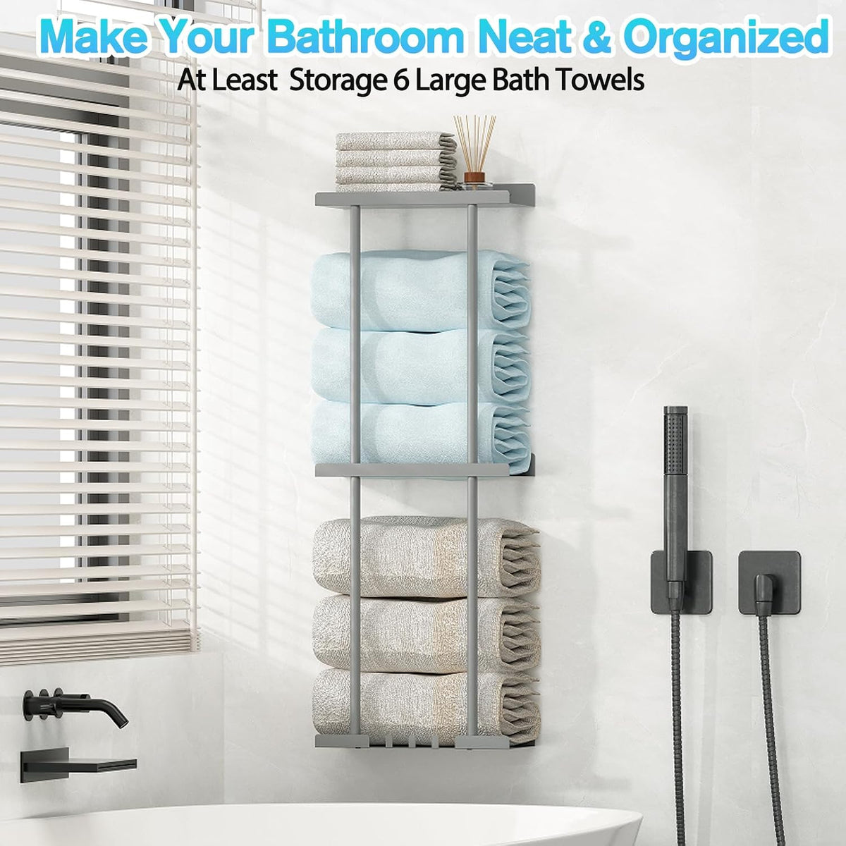 Liuoud Towel Rack for Bathroom, Wall Mounted Bath Towel Holder Storage Organizer for Rolled Towels, Vertical Towel Rack
