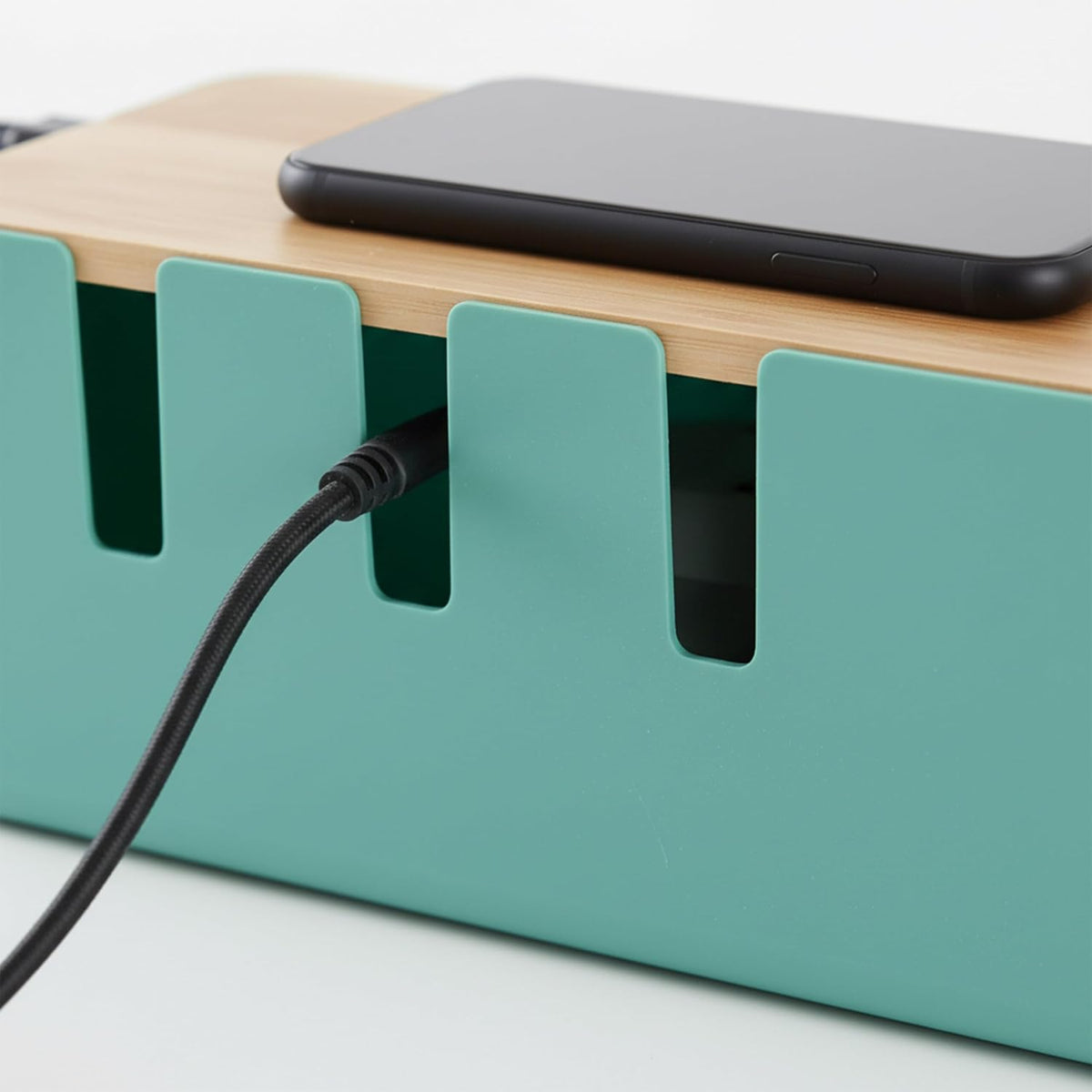 Relaxdays Cable Box for 2-Outlet Strips with Wooden Lid, Plastic, Cable Management, Organizer, 11.5 x 30.5 x 12.5 cm