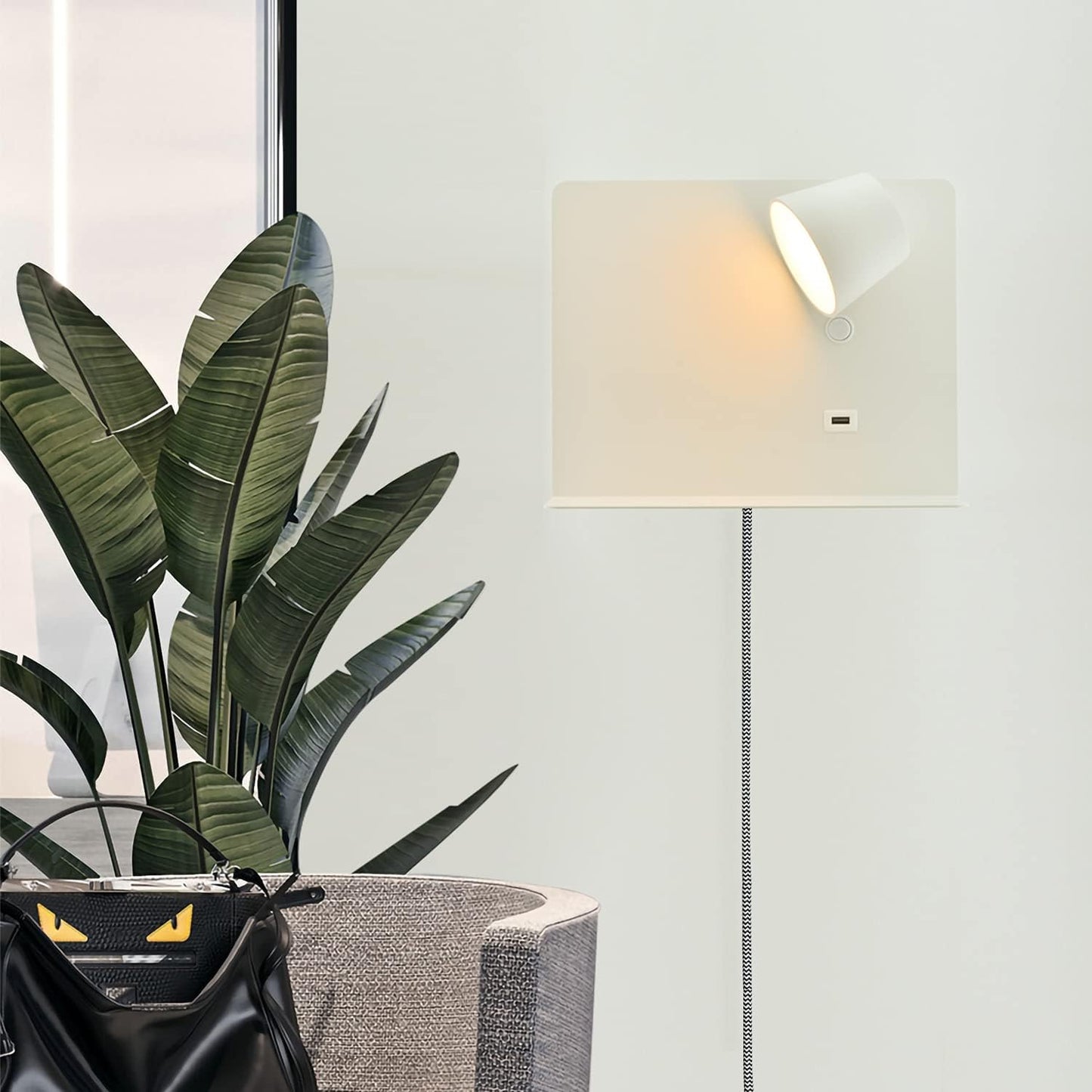 Wall Sconce with USB Port Charging, LED Wall Lamp with Shelf Plug in Cord Reading Lights for Bedside Adjustable