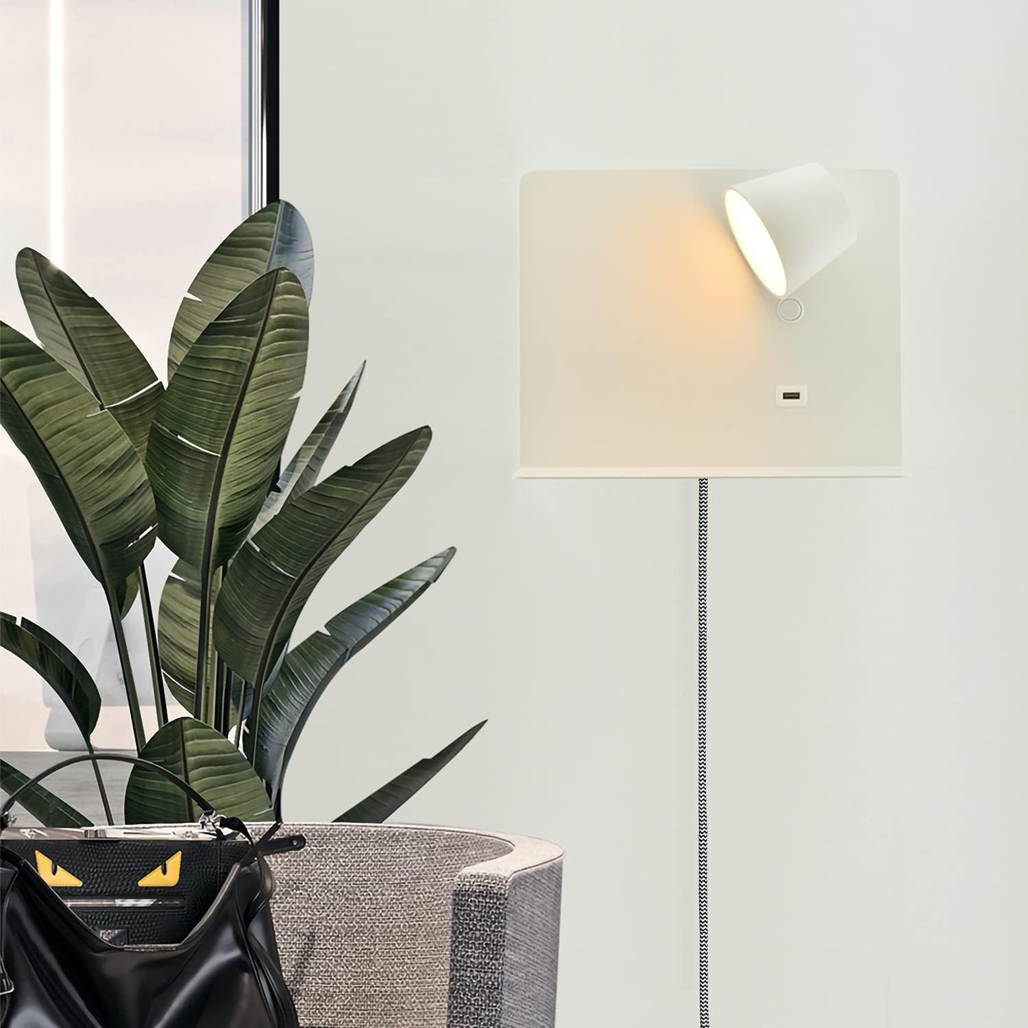 Wall Sconce with USB Port Charging, LED Wall Lamp with Shelf Plug in Cord Reading Lights for Bedside Adjustable