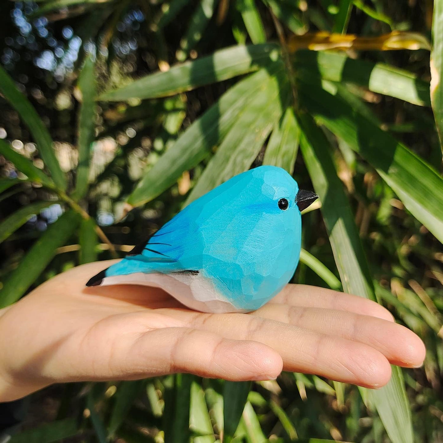 Hand carved wood bird statue / Blue Robin