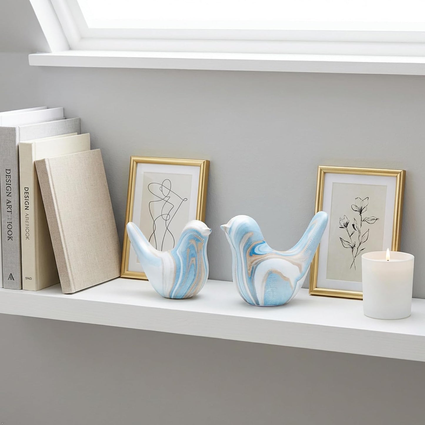 Hand-Painted White Marble Ceramic Bird Statues / Blue / Set of 2