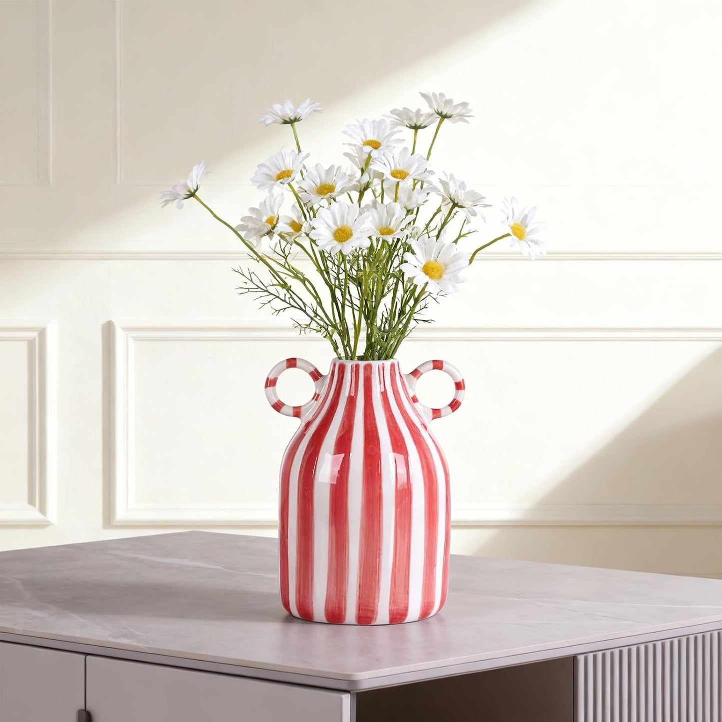 Ceramic Red and White Striped Vase / Red White