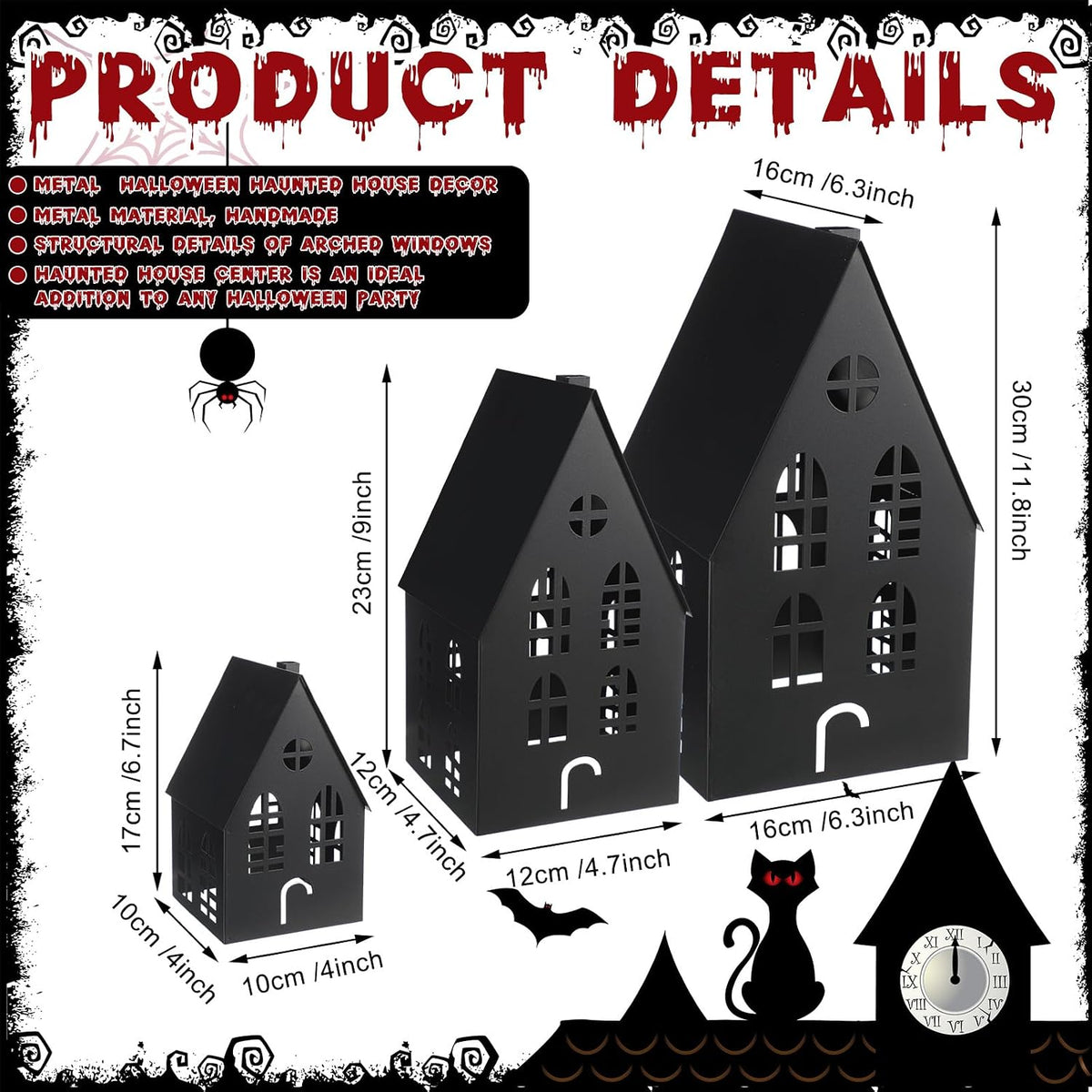 Beeveer 3 Pack Halloween Black Metal Houses Tabletop Pre-lit Lanterns | Haunted Village Sculpture with Hollow Cutouts
