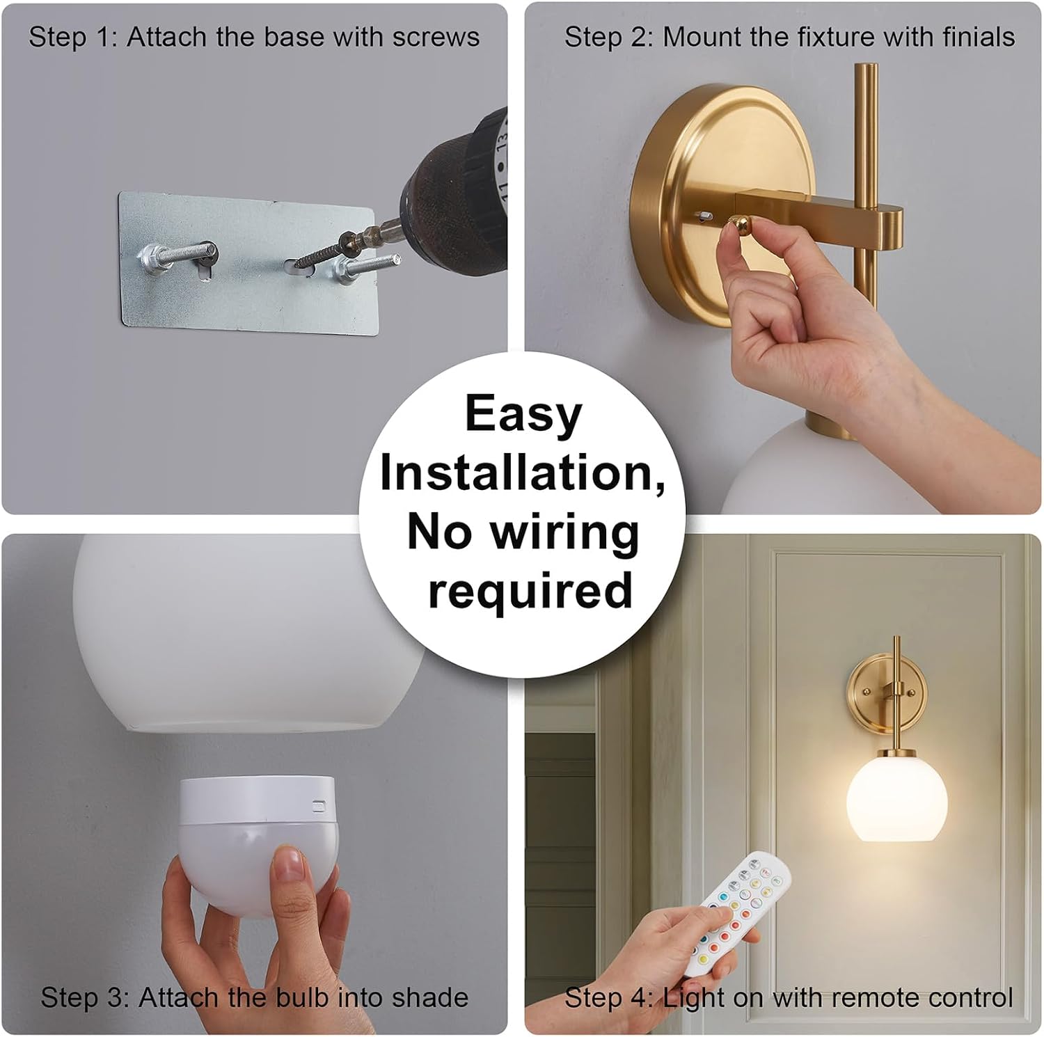 Gold Battery Operated Wall Sconce Set of 2, Wireless Rechargeable Sconces Wall Lighting with Remote Control, LED