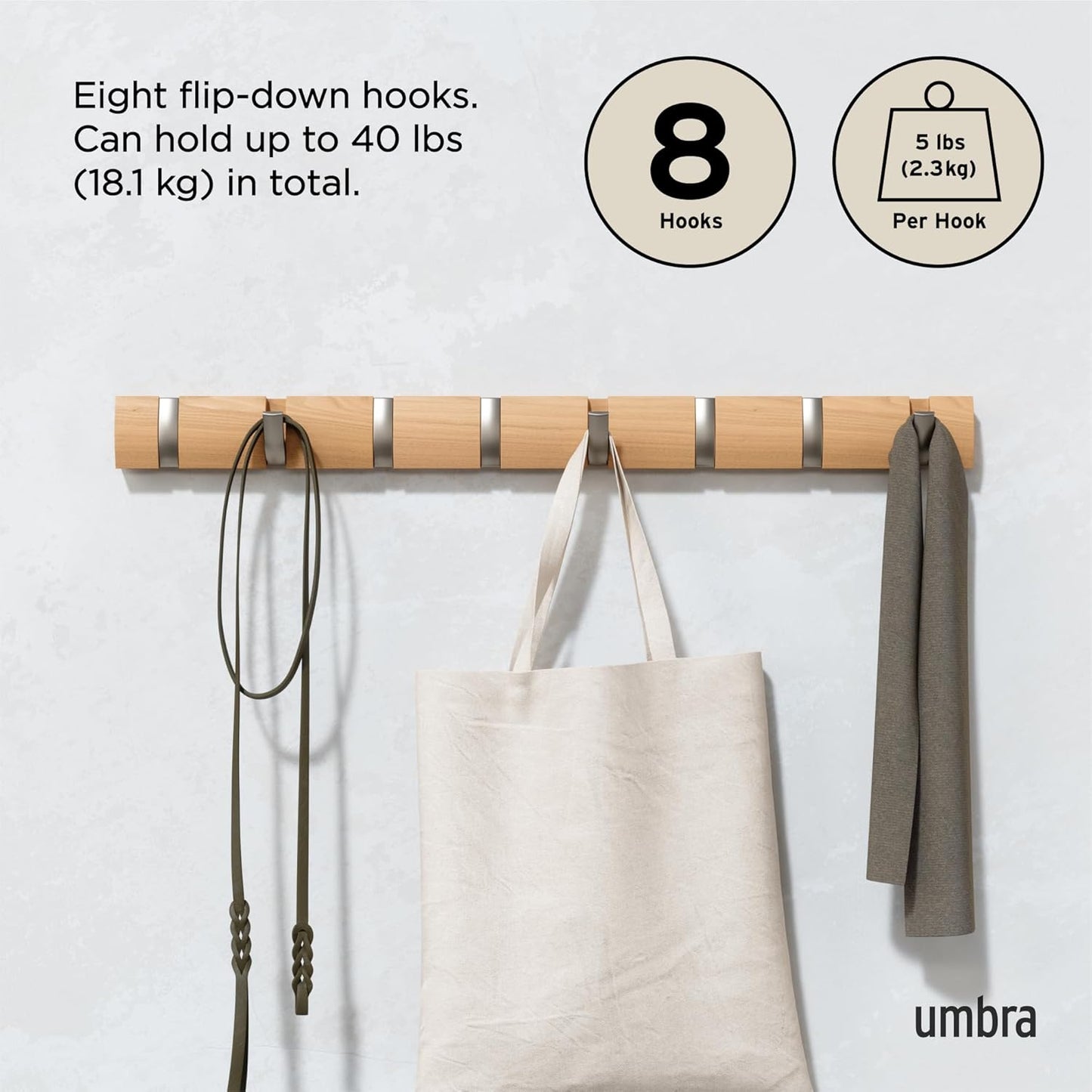 Umbra Flip Coat Rack, Wall Mount 8-Hook, Space Saving, Natural/Nickel | Real wood and steel build, retractable hooks