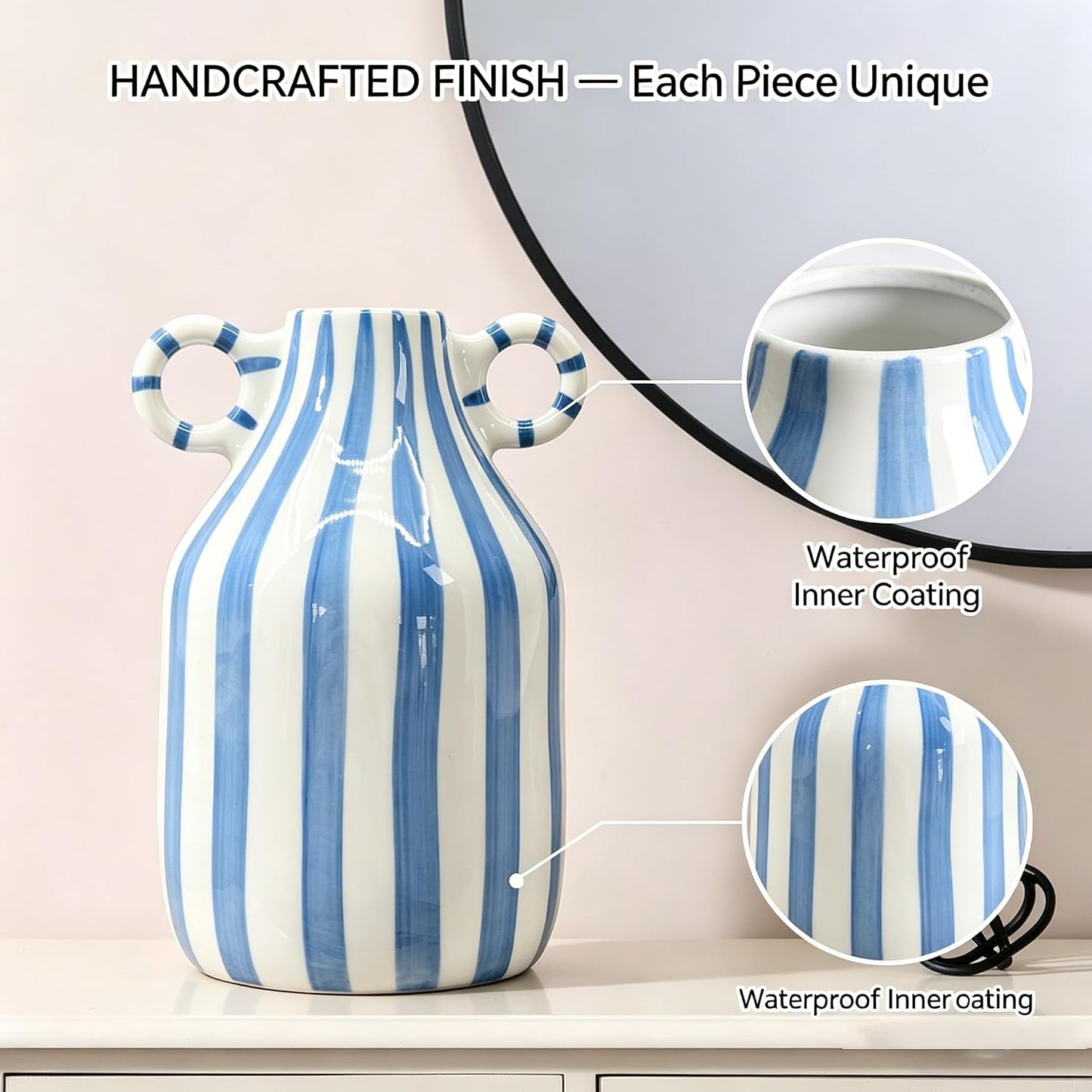 Ceramic Flower Vase / White+blue Handle