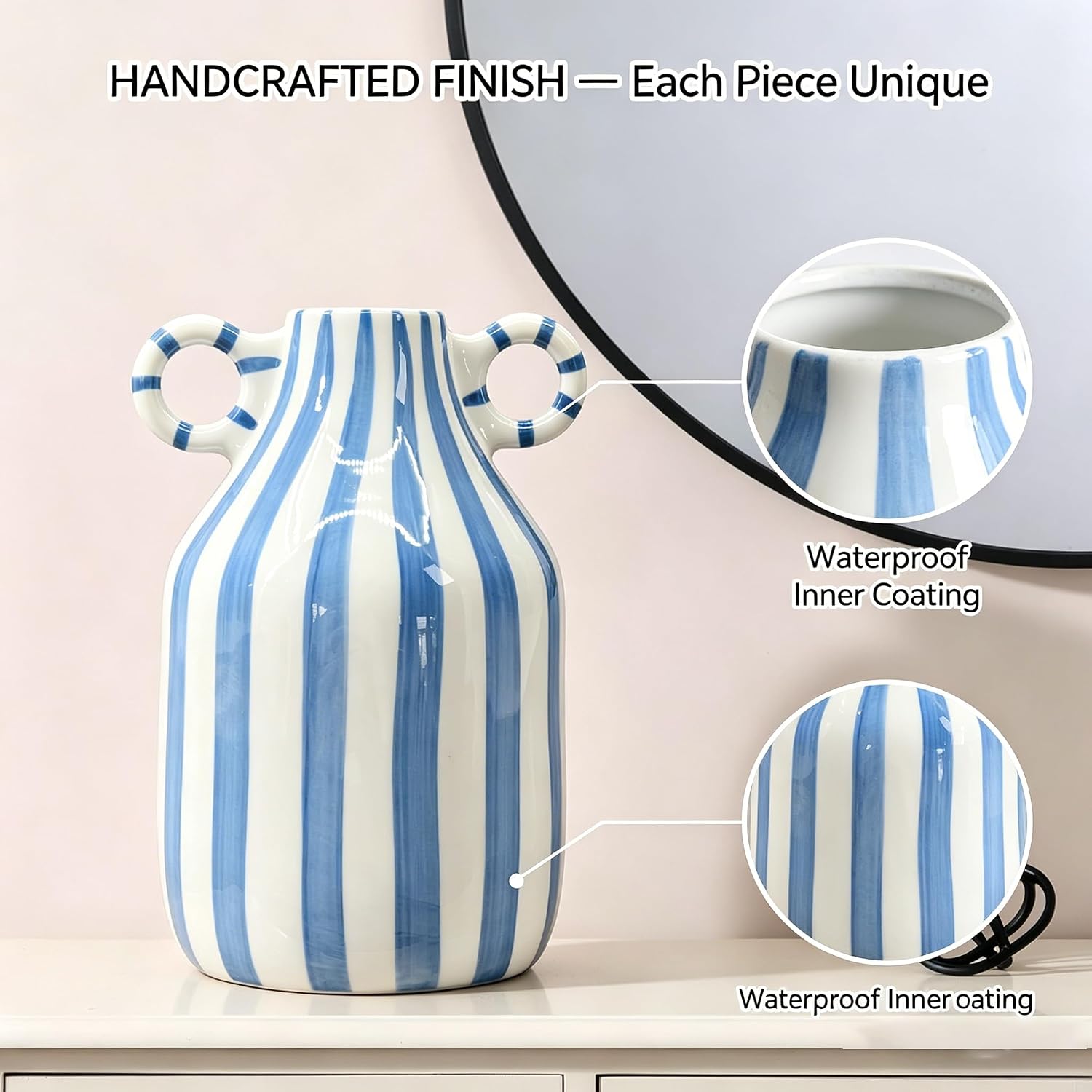 Ceramic Flower Vase / White+blue Handle