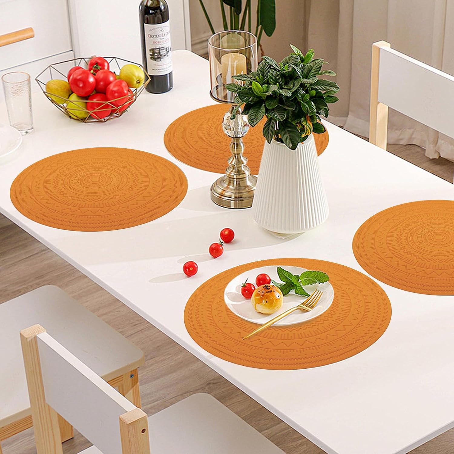 15" Round Plastic Placemats Set of 8, Faux Leather Table Mats | Vinyl Boho Placemats for round table Heat Resistant