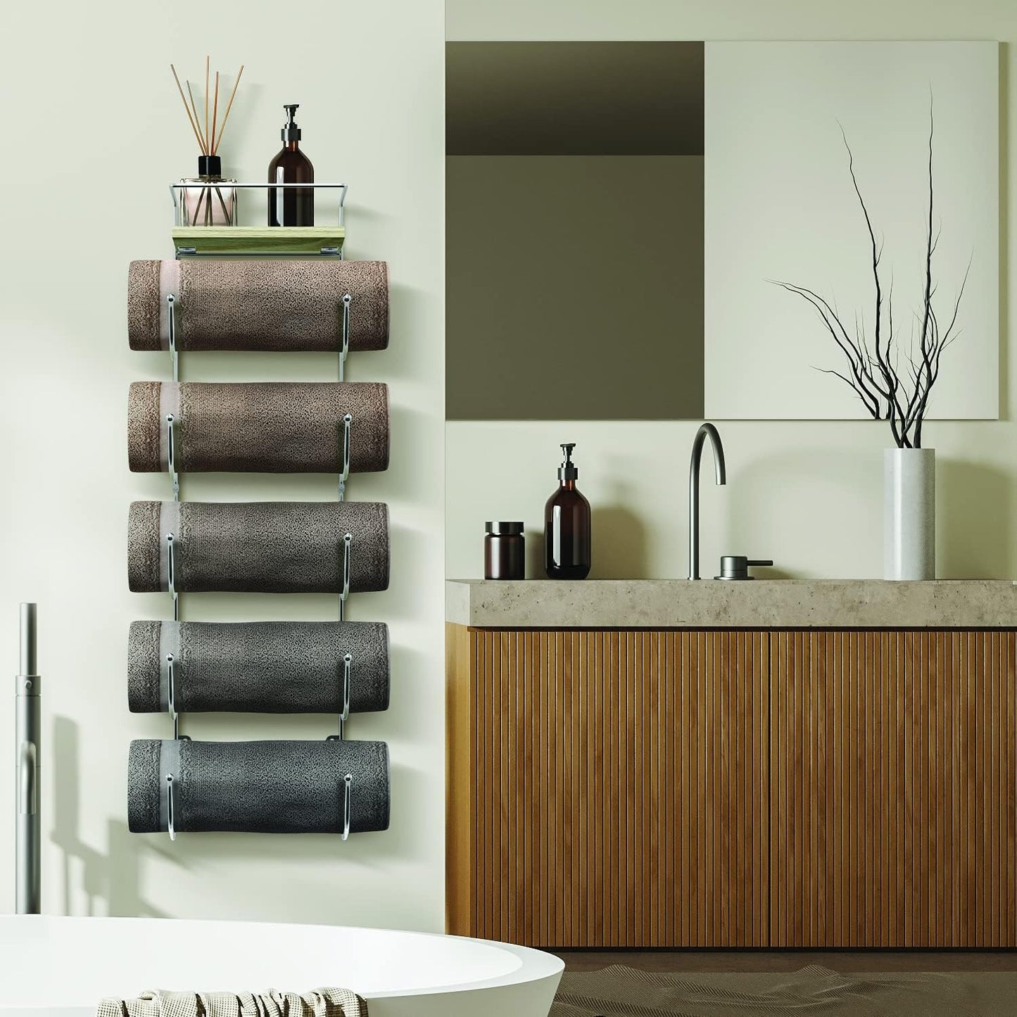 Sorbus Wall Towel Rack, 5-Tier Wood Shelf, Wall Mounted (Silver) | Five-tier metal holder for rolled bath towels